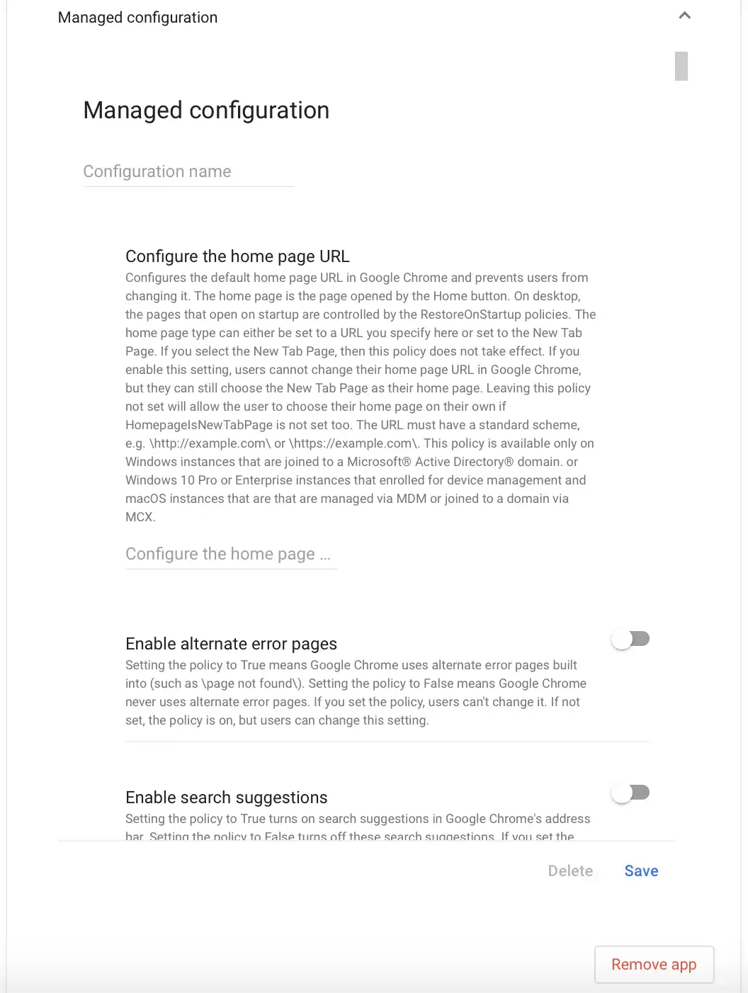 Vista dell'interfaccia Google per la configurazione delle app gestite con opzioni regolabili fornite dal rispettivo sviluppatore dell'app