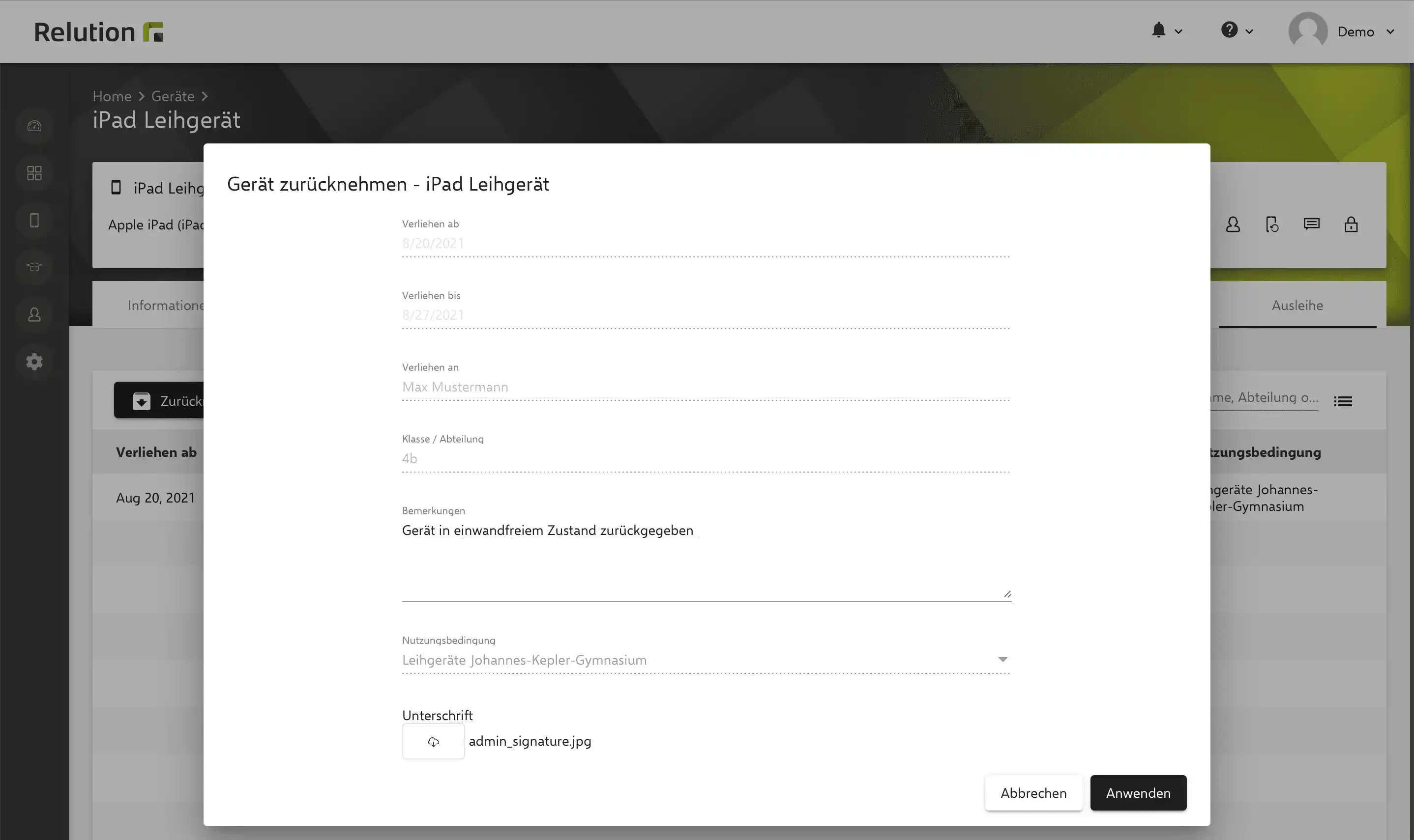 Oberfläche in Relution mit Optionen zur Rücknahme eines Geräts, darunter der Shortcut „Gerät zurücknehmen“ oder die Schaltfläche „Zurücknehmen“ im Reiter „Ausleihe“