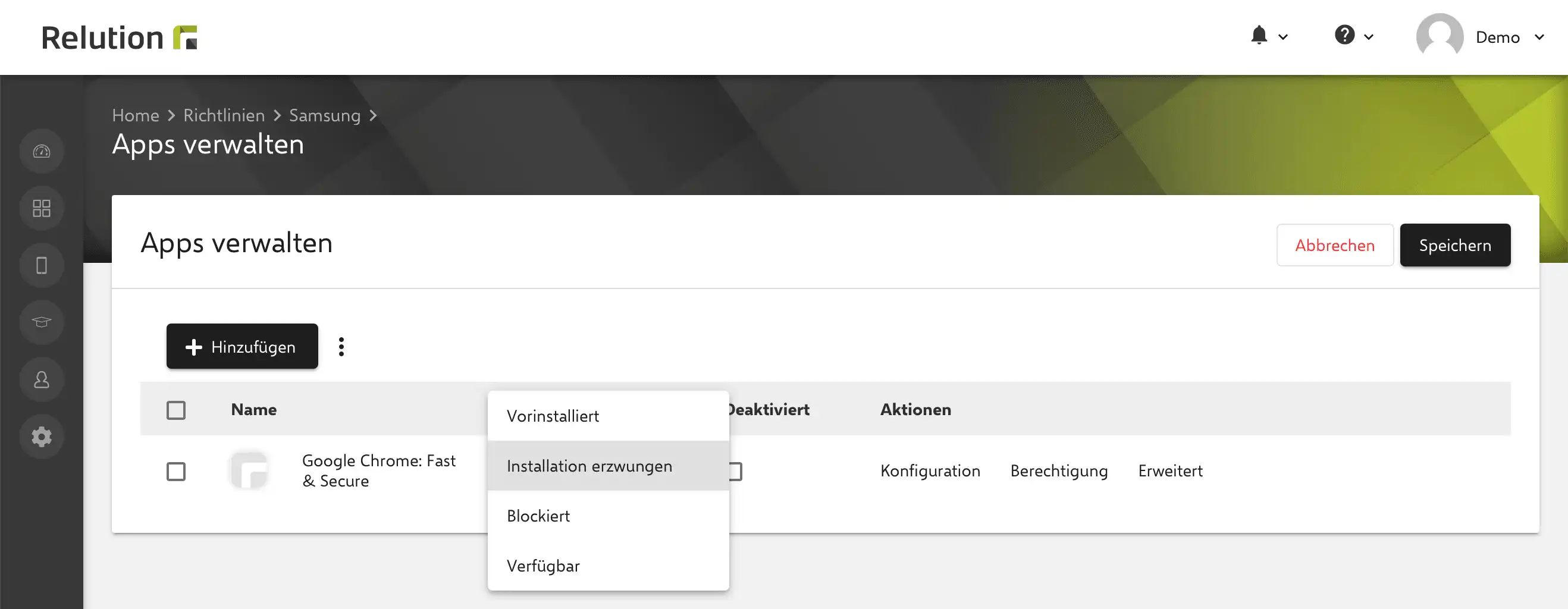 Übersicht der Prioritätseinstellungen in Relution für App-Installationsarten über mehrere Richtlinien hinweg, mit Anwendung der stärksten Einschränkung und Klärung von Konflikten basierend auf der Richtlinien-Hierarchie