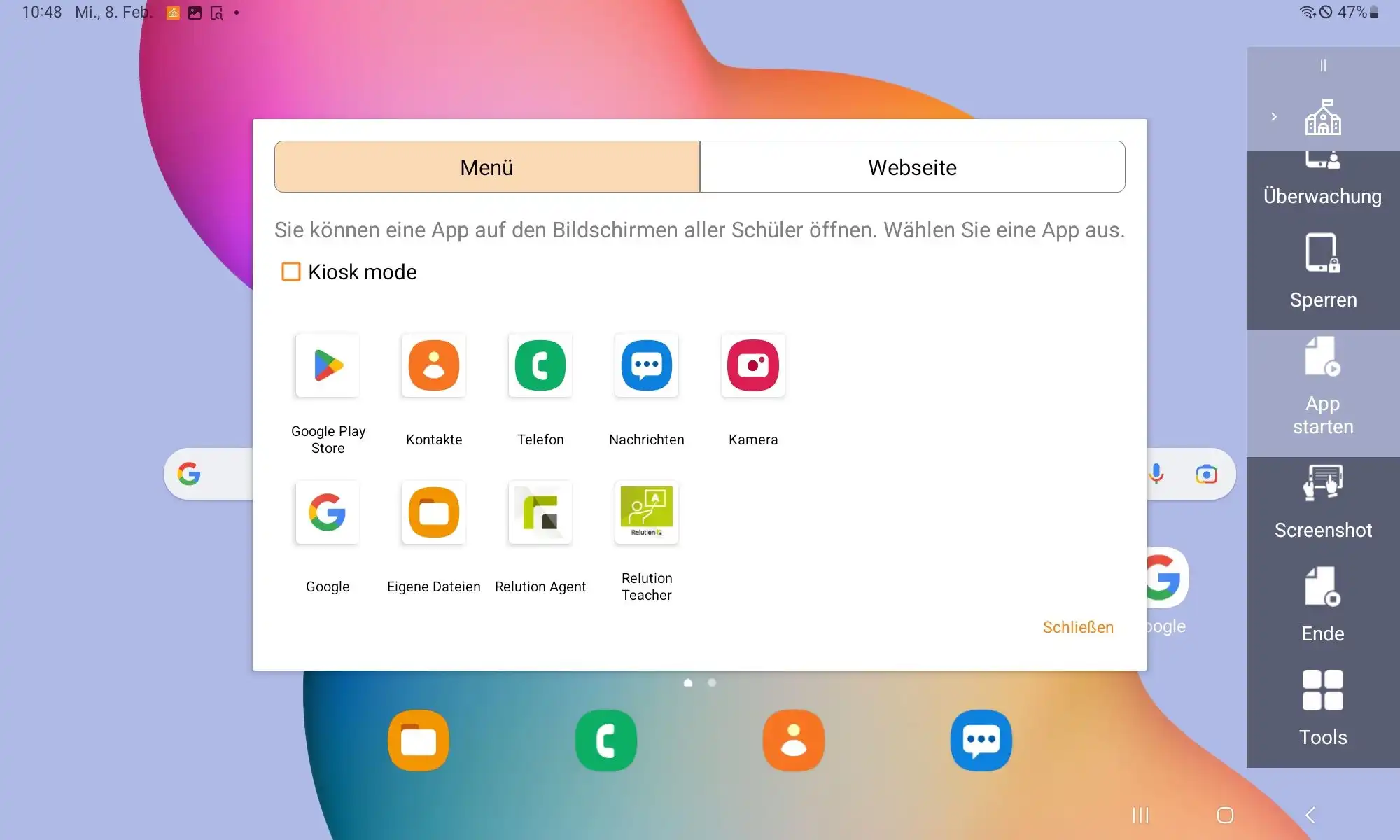 Funktion „App starten“ in der Relution Teacher App zur automatischen Öffnung ausgewählter Apps und Webseiten auf den Schüler-Tablets