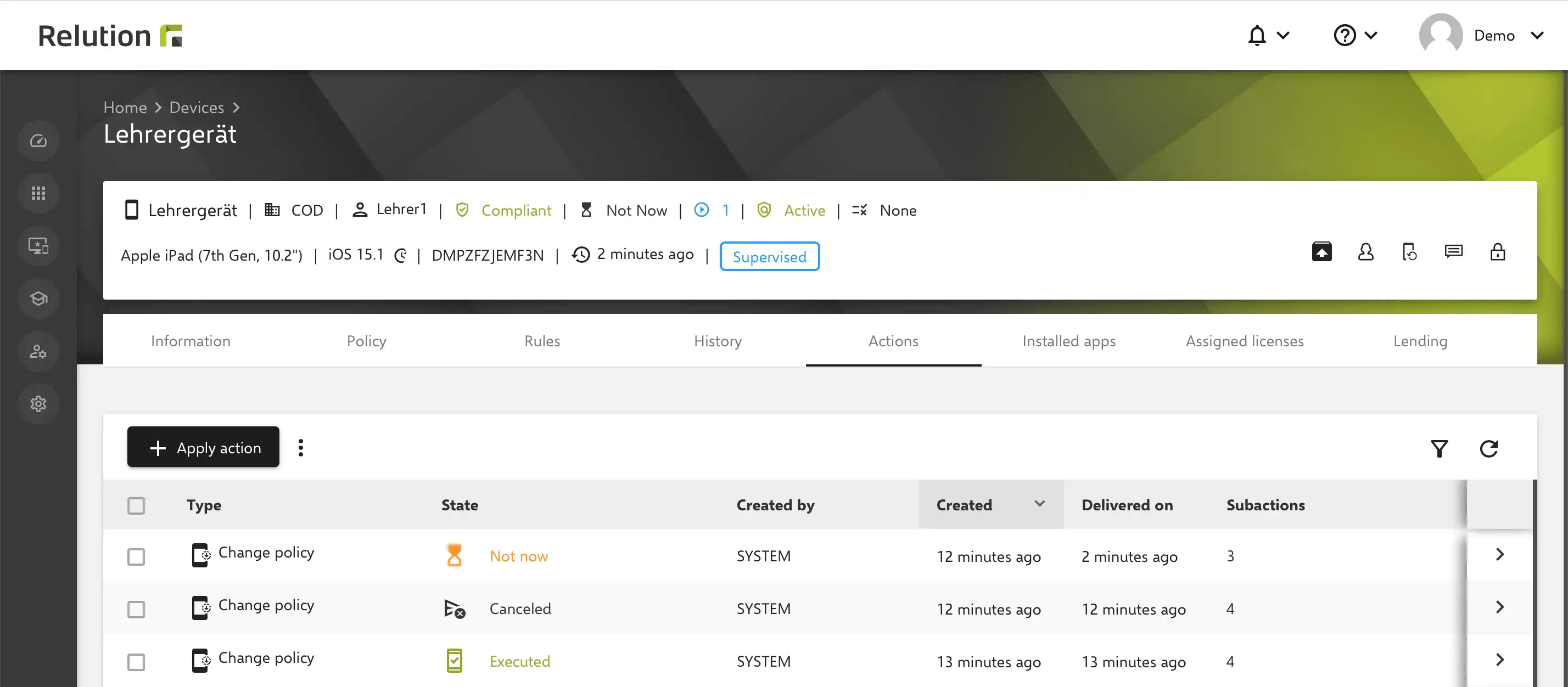 Display of the new status "Not now" in the action overview of the Relution portal, as well as in the inventory list under "Connection Status" and the device details