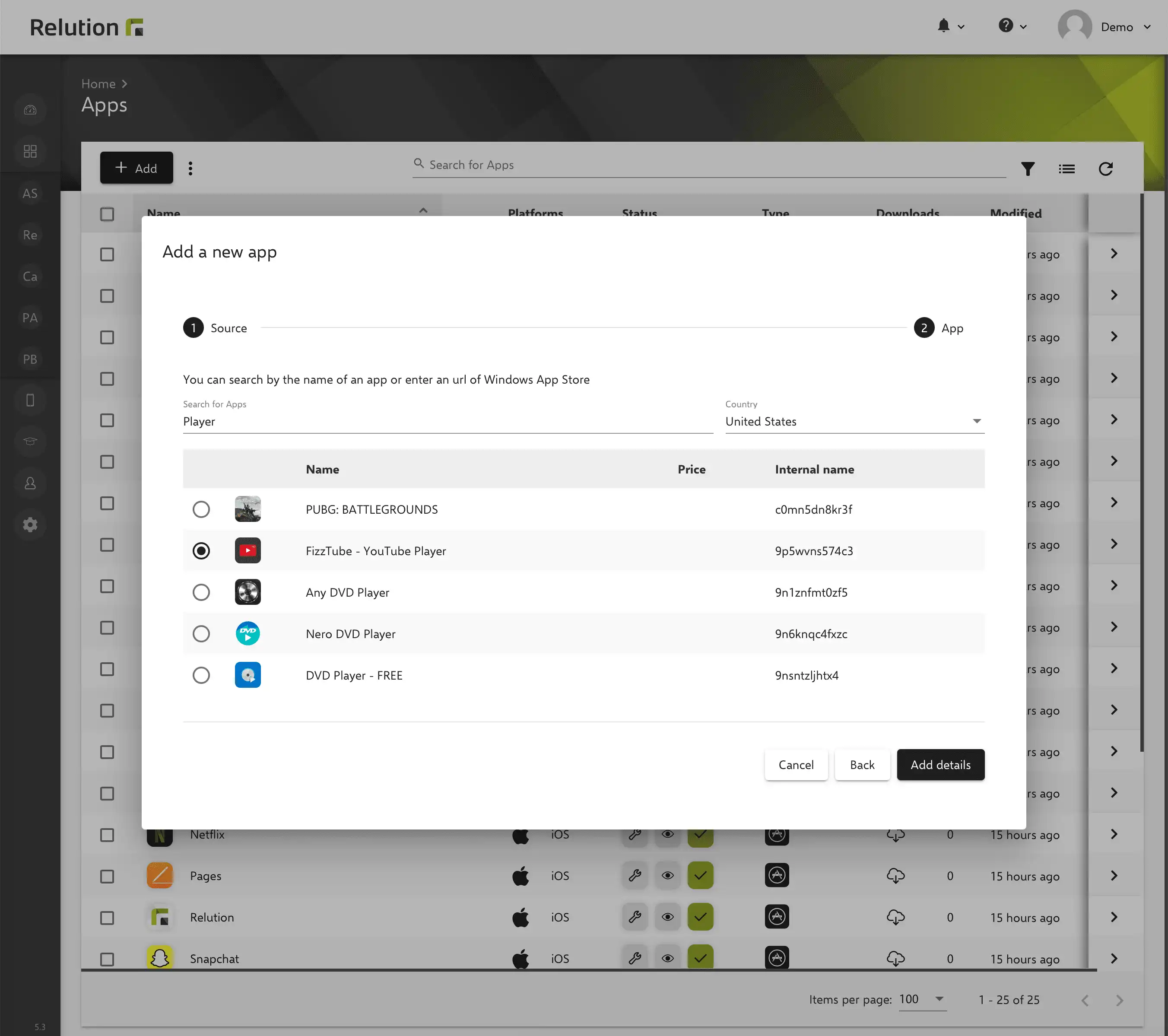 Search bar in the Relution App Store for filtering public apps from the Windows App Store