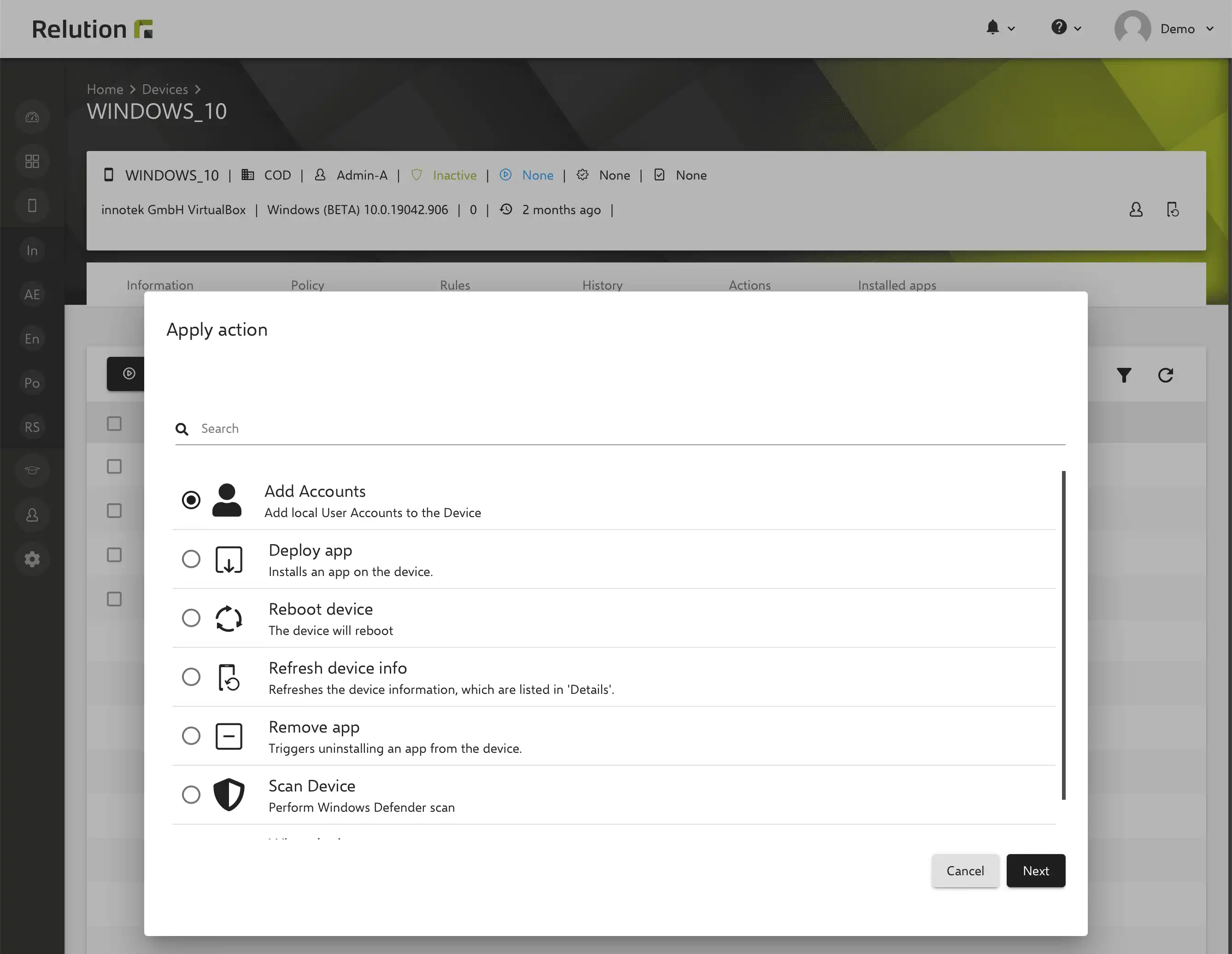 Gestione delle azioni in Relution per dispositivi Windows 10/11 registrati, inclusa l'installazione di app e l'aggiunta di account utente locali