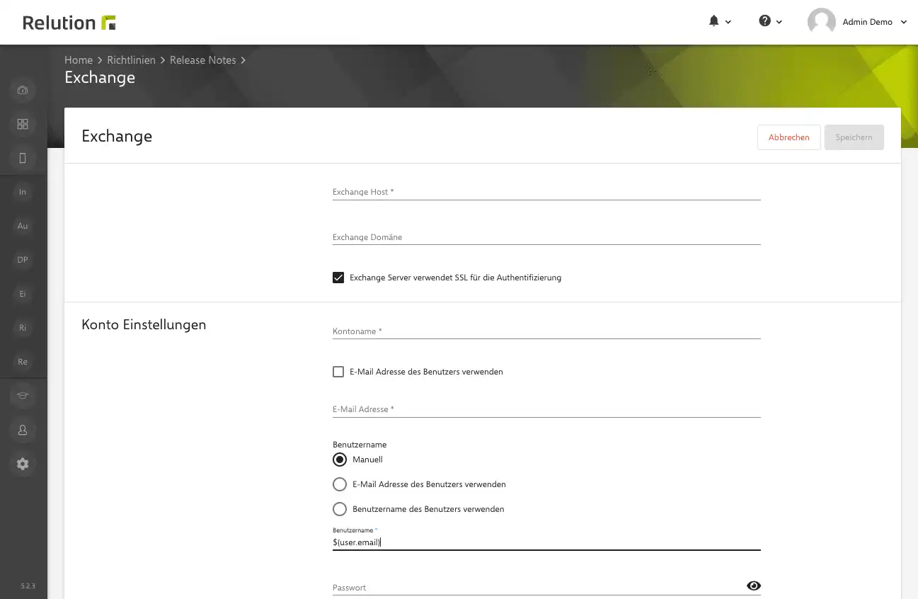 Exchange-Konfiguration in Relution mit der Möglichkeit, das persönliche Passwort direkt auf dem Windows-Gerät einzugeben, ohne es während der Einrichtung anzugeben