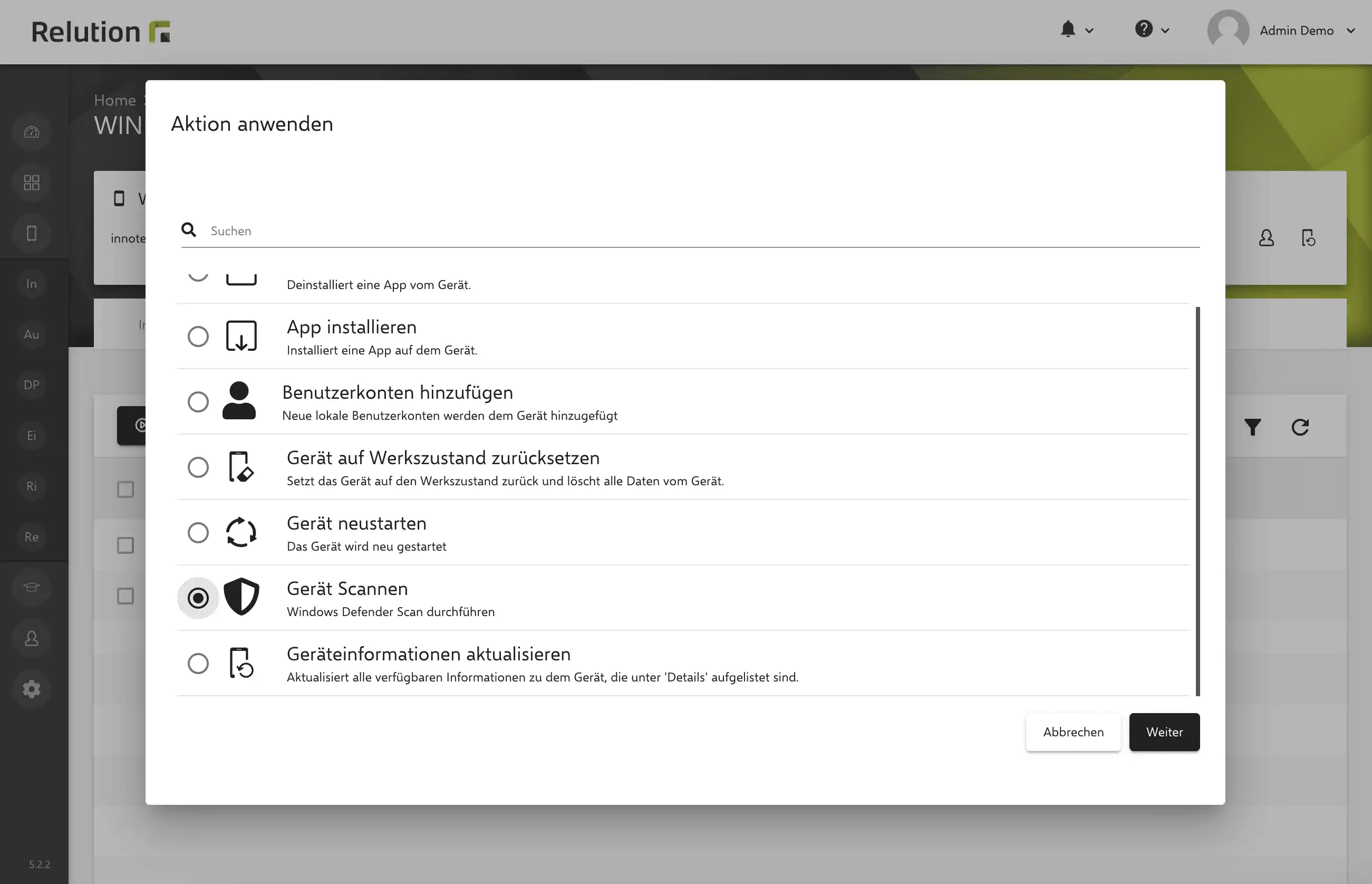 Aktion in Relution zur Durchführung eines Windows Defender Scans zur Erhöhung der Sicherheit von Windows-Geräten