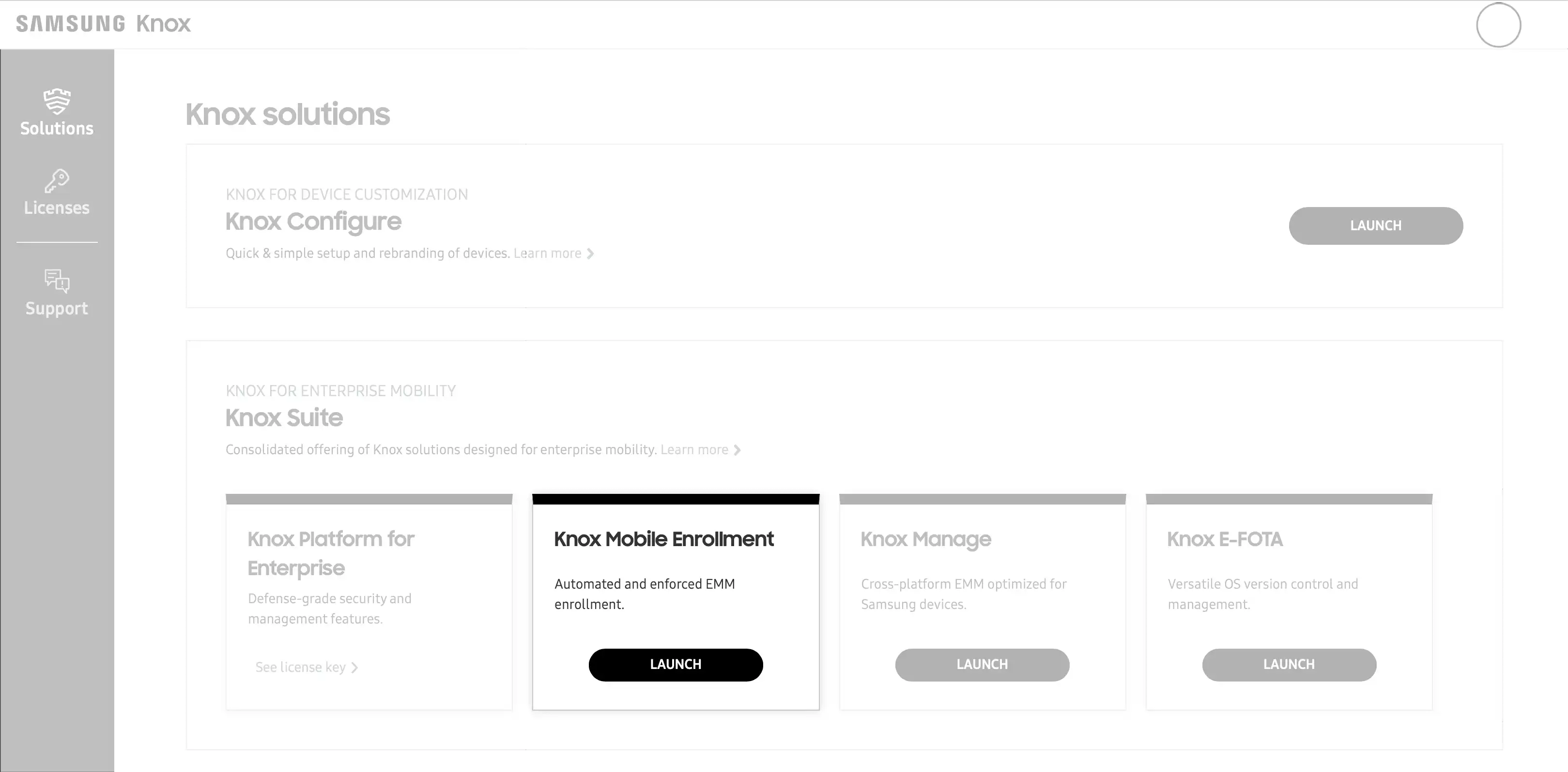 Samsung Knox portalındaki cihaz kaydı için Knox Mobile Enrollment modülünün seçimi ile yapılandırma görünümü