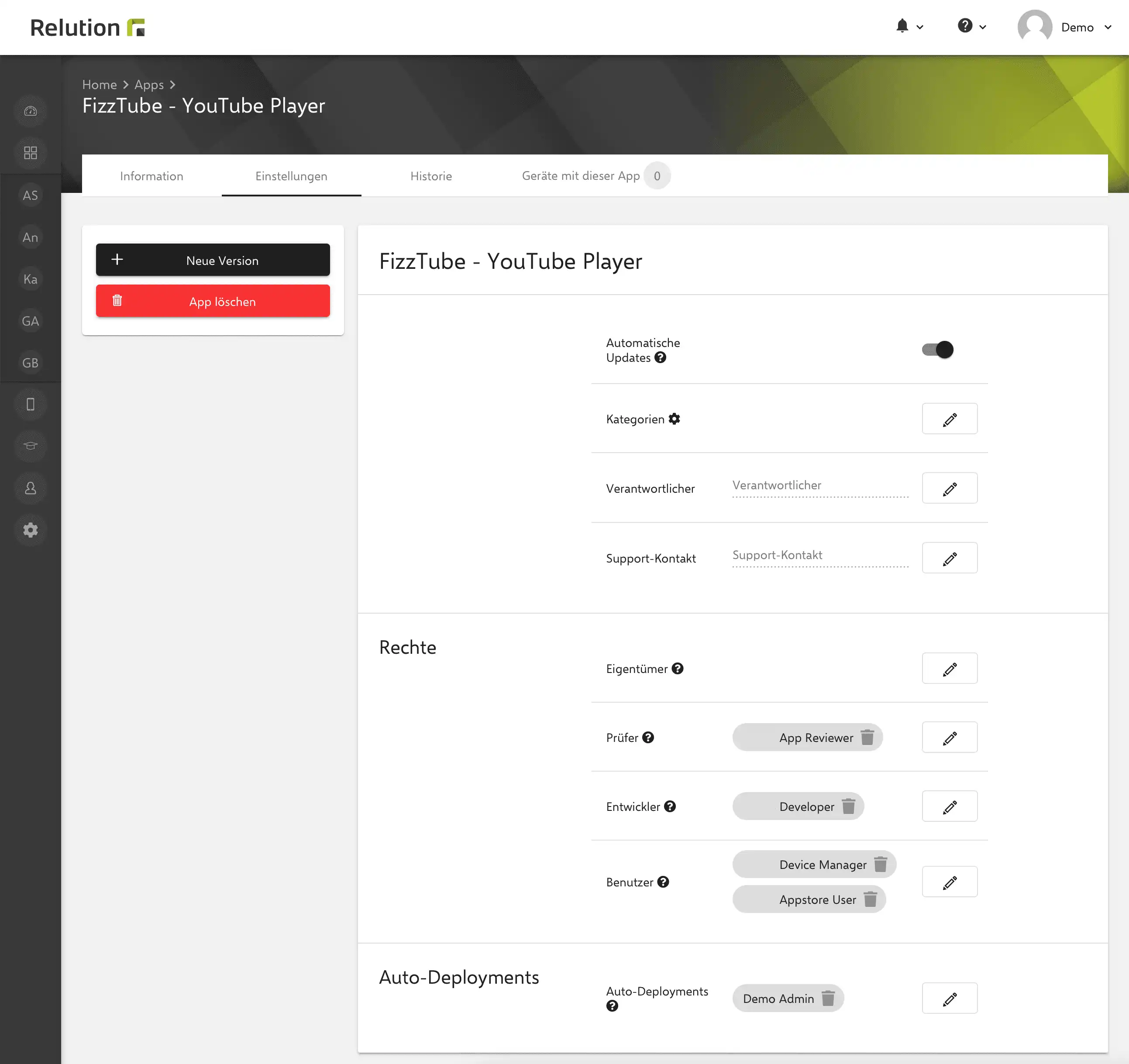Einstellungen in den Appdetails einer Windows App in Relution zur Zuordnung entsprechender Nutzer und Nutzergruppen