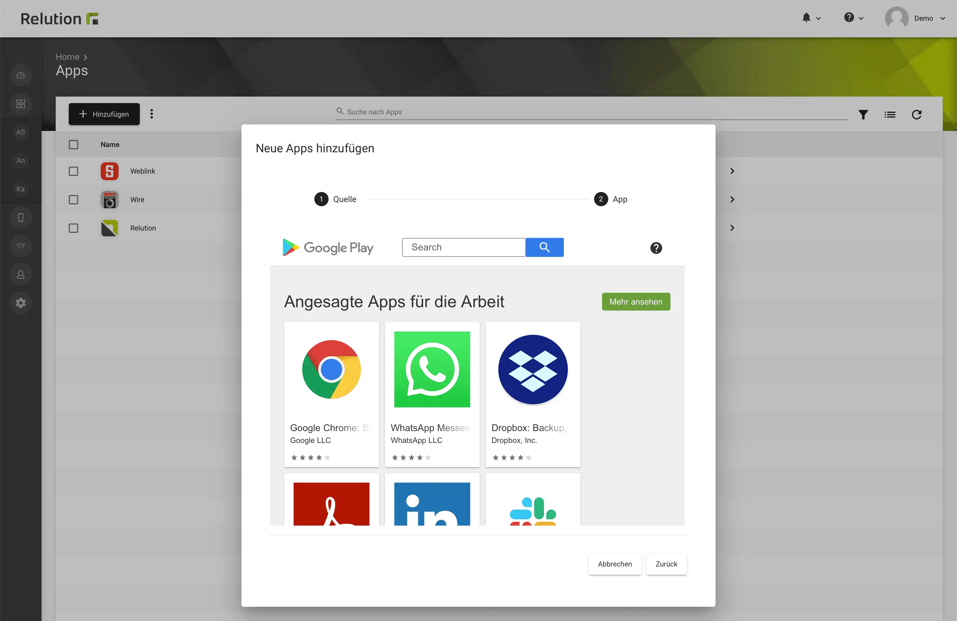 Auswahl mehrer Apps aus dem Managed Google Play Store in Relution zur Integration in den Relution App Store