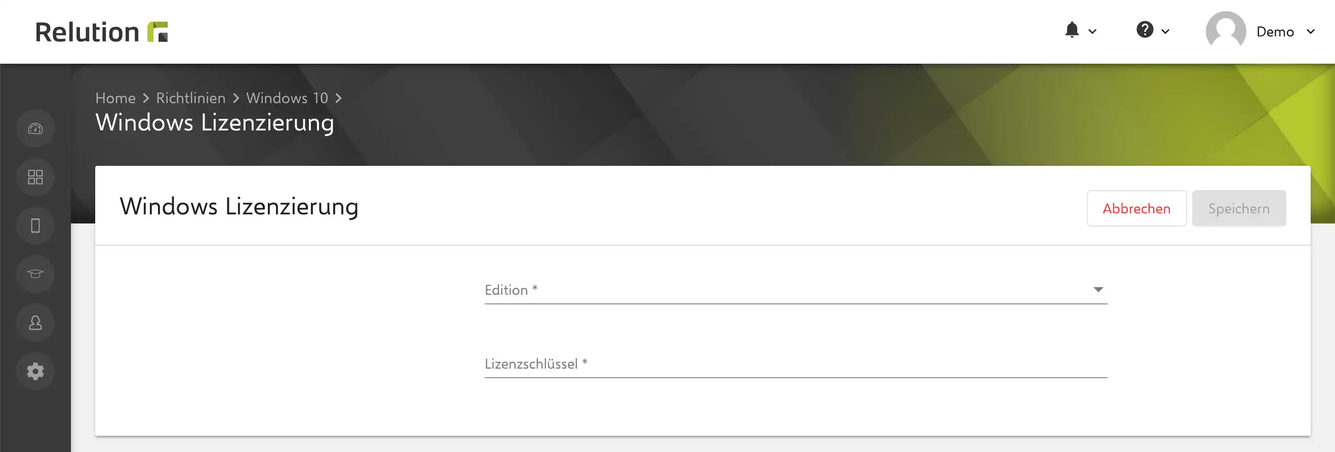 Konfigurationsansicht in Relution zur Verwaltung von Windows-Lizenzen durch Hinterlegung von Lizenzschlüsseln, die mit mehreren Windows 10-Editionen kompatibel sind
