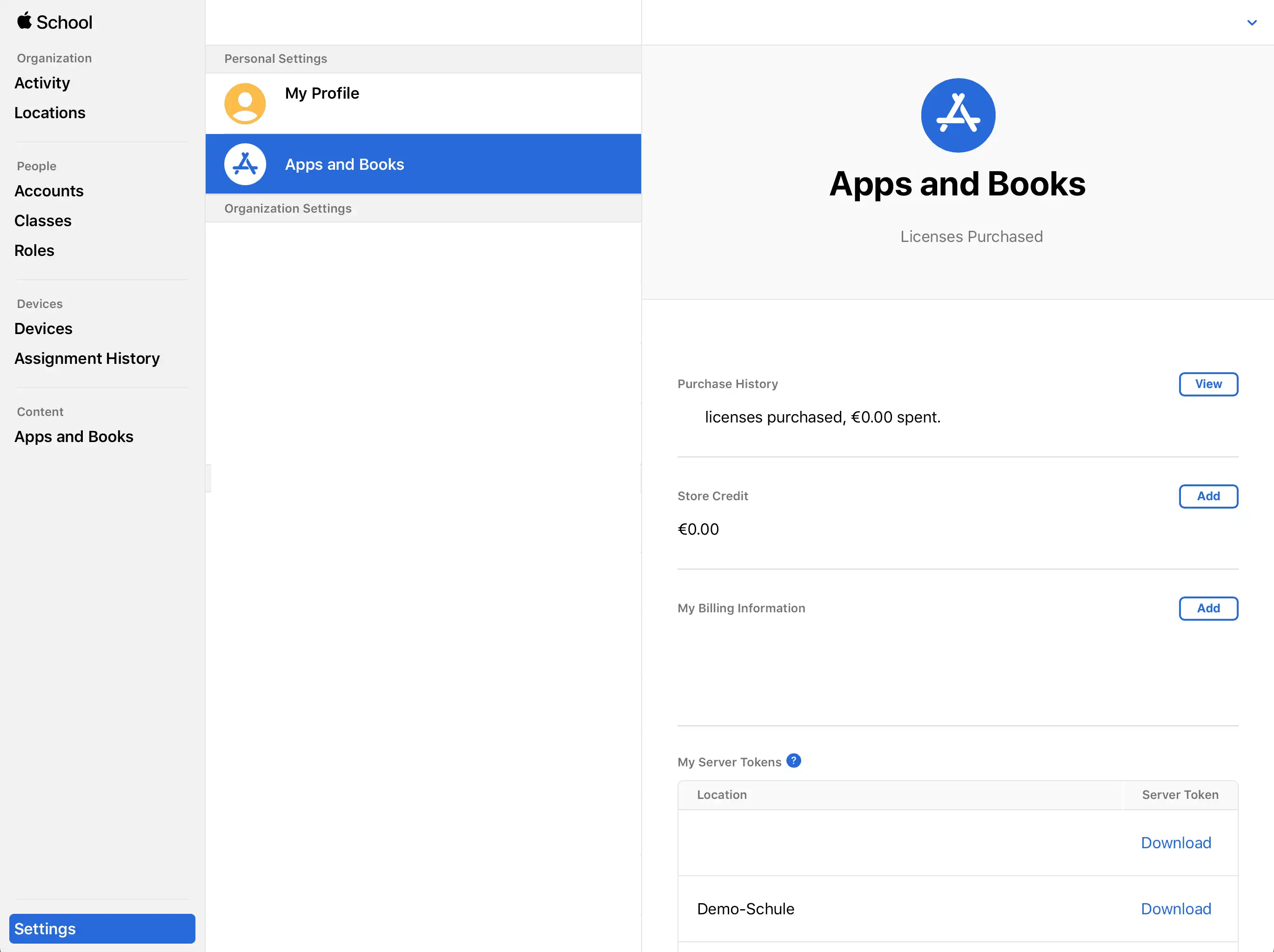 Captura de pantalla de la configuración de Relution con un token VPP cargado en « Programa de Compras por Volumen (VPP) » y la opción de asignar aplicaciones y libros a ubicaciones