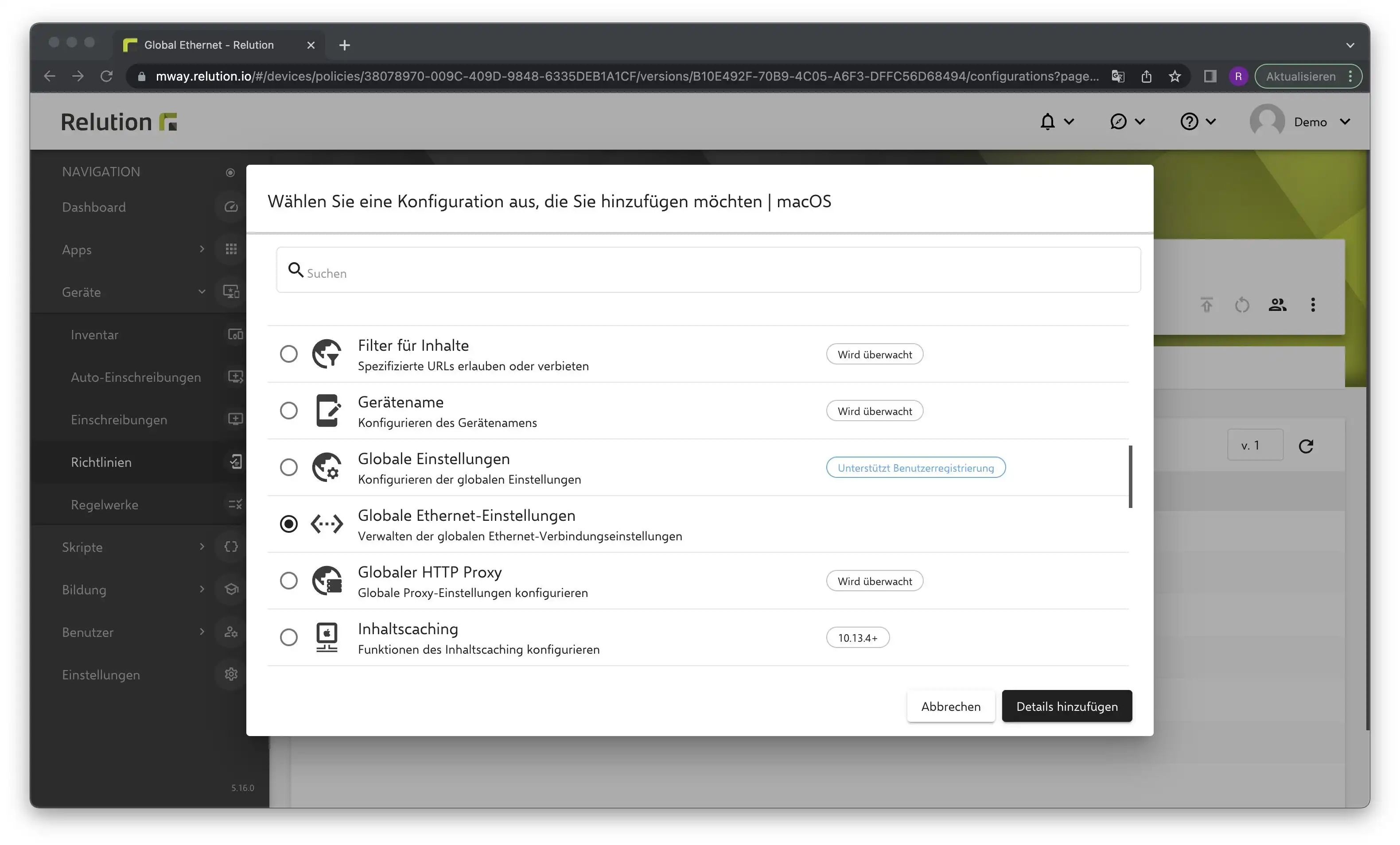 Konfiguration „Globale Ethernet-Einstellungen“ in Relution zur Einrichtung sicherer Ethernet-Verbindungen für macOS