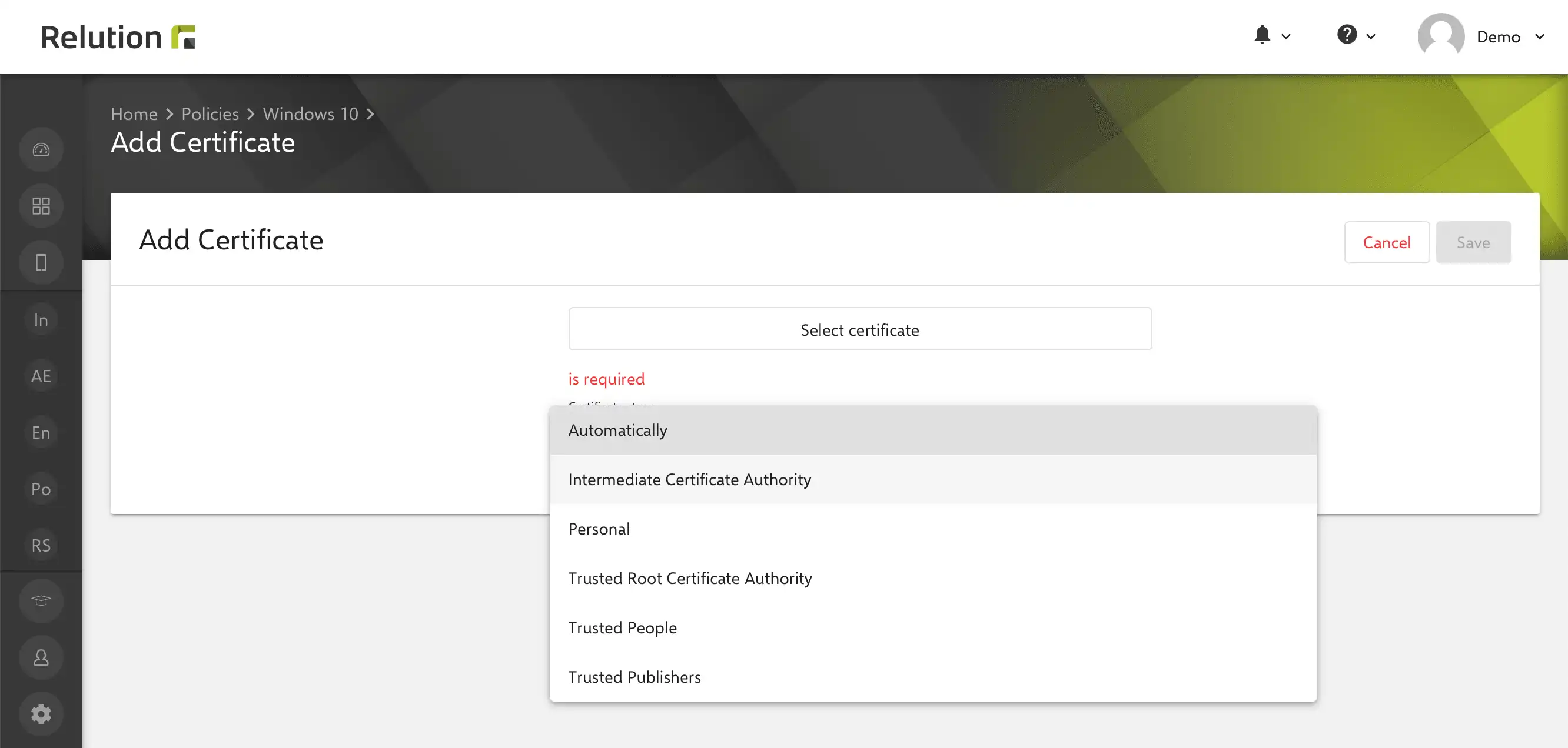 Configurazione "Certificato" di Windows 10 in Relution per l'installazione di certificati caricati e la definizione del KeyStore per applicazioni di certificati a livello di sistema o utente