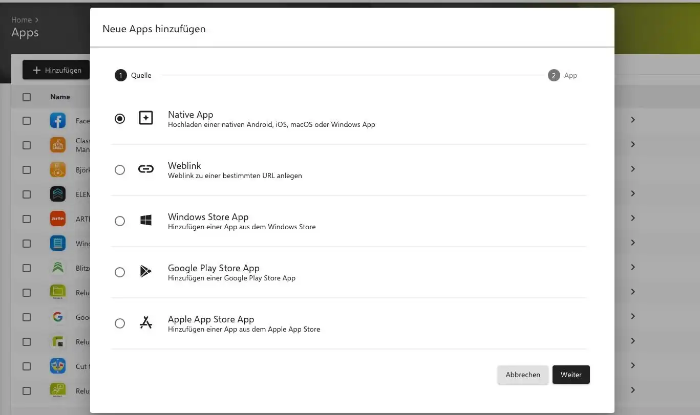 Eingabemaske im Relution App Store mit der Option „Native App“ im App-Inventar, um klassische Anwendungen wie „.msi“ und „.exe“ für die Installation auf Windows-Geräten hinzuzufügen