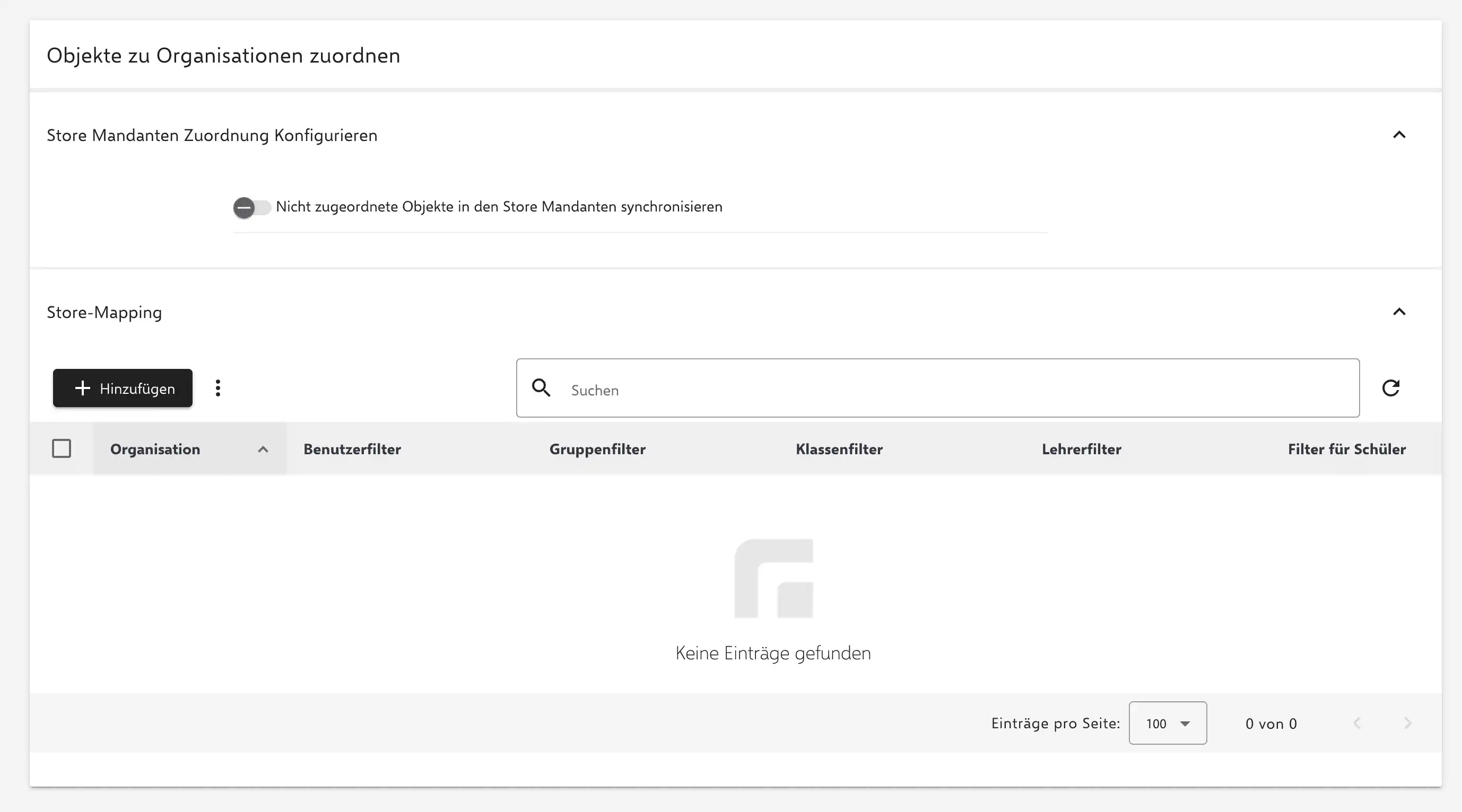 View of the settings in Relution for mandatory assignment of users, user groups, and classes in the store organization for newly created LDAP connections