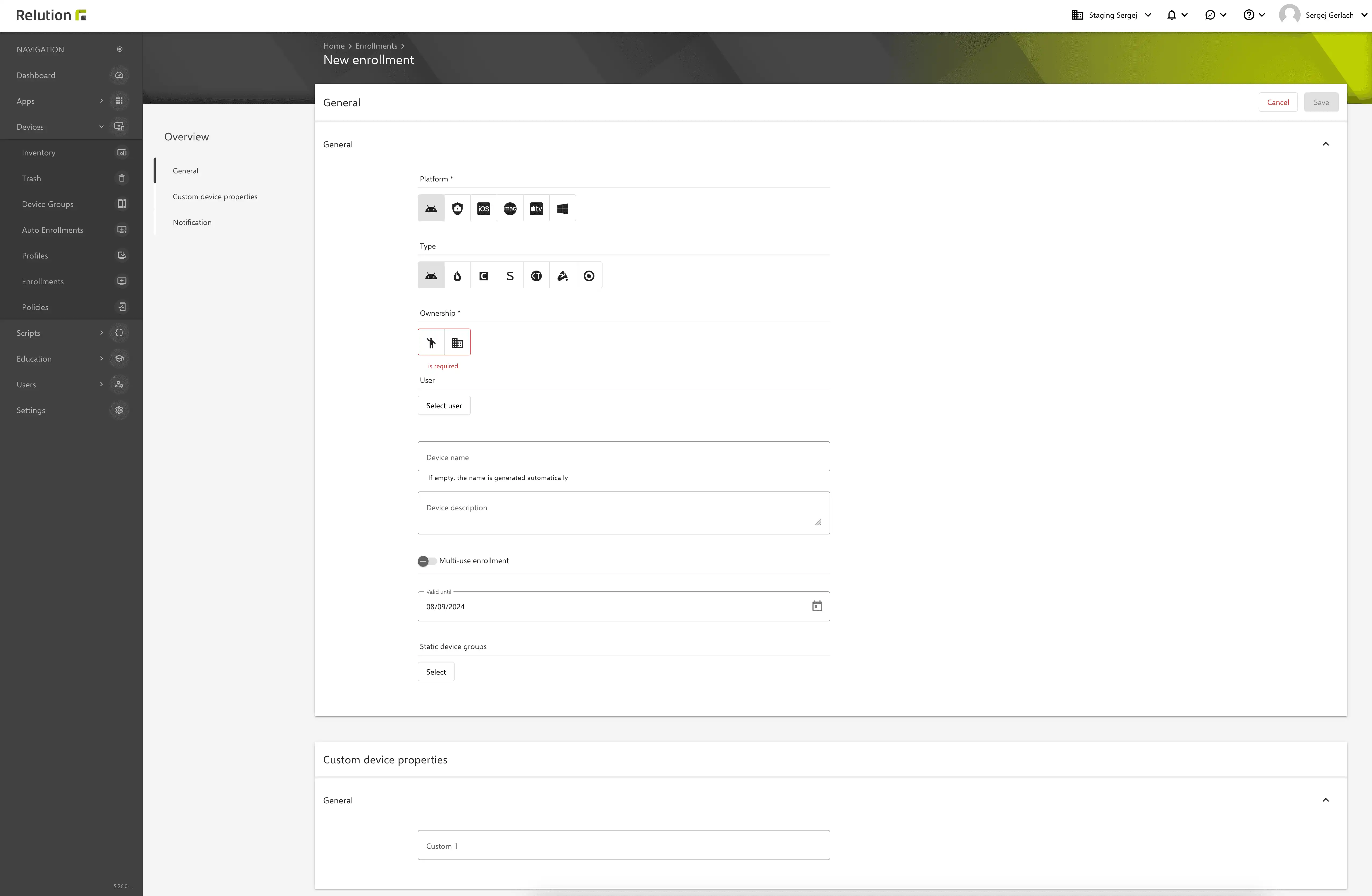 Settings view in Relution showing the selection of specific manufacturers during the enrollment process for interactive whiteboards