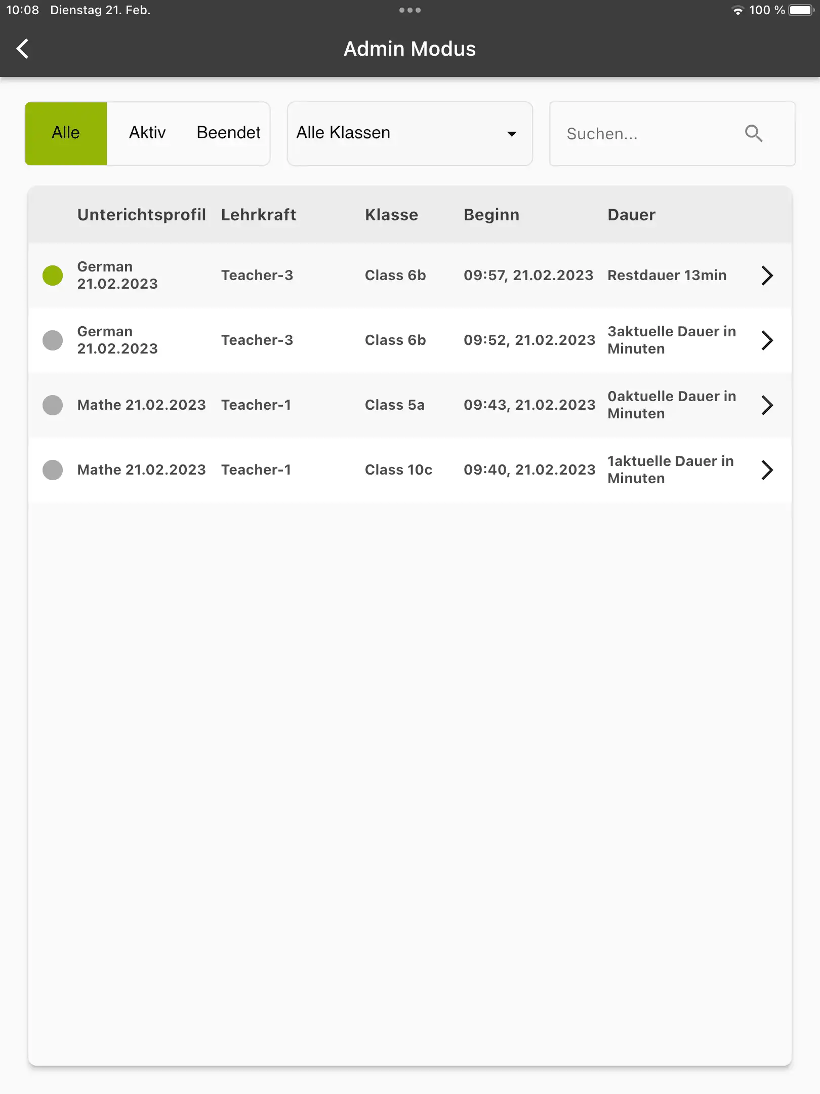 Übersicht der Historie in der Relution Teacher App mit aktiven und beendeten Unterrichtseinheiten, zugehörigen Lehrkräften und Klassen