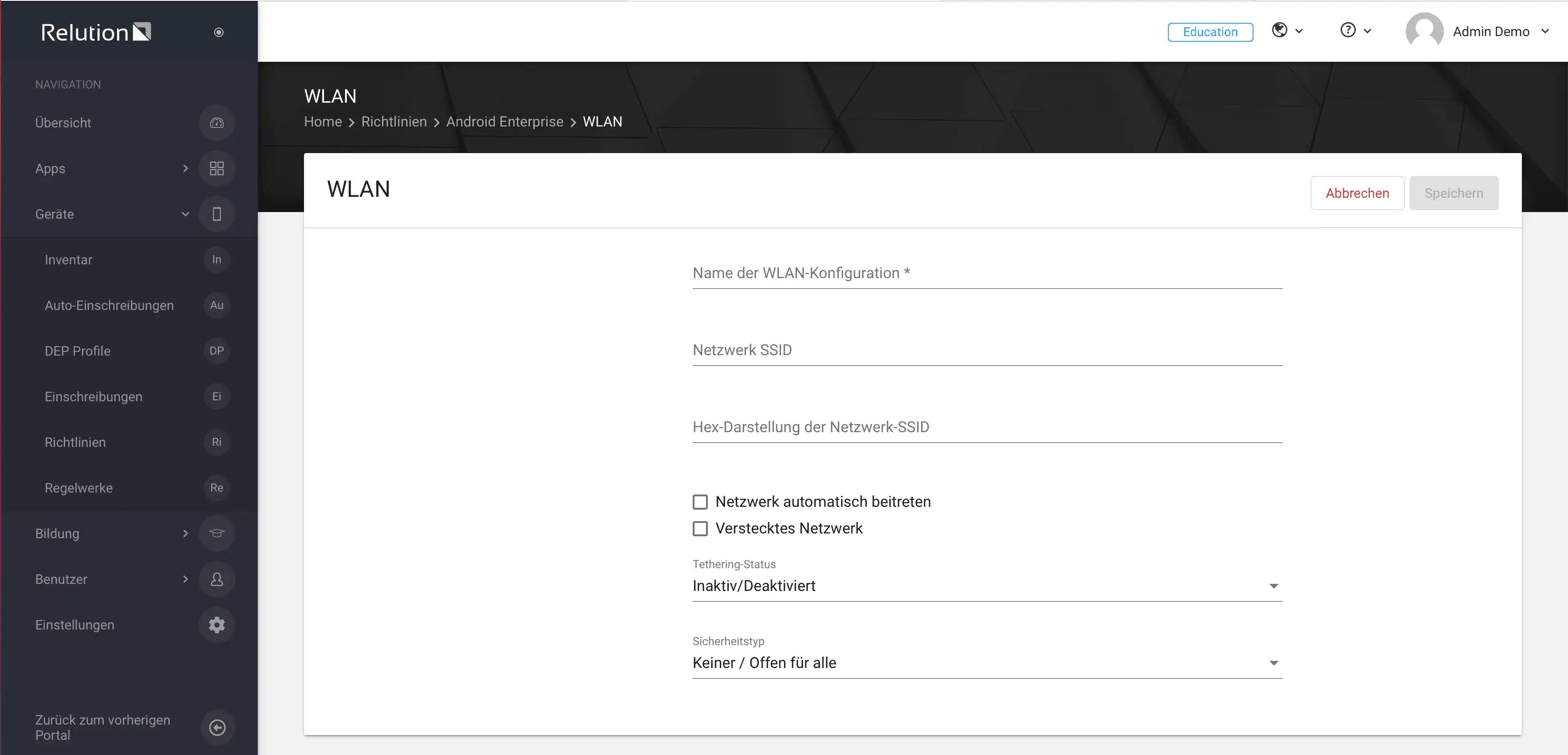 Konfigurationsansicht in Relution zur Vorkonfiguration von WLAN-Netzwerken für Android Enterprise „Verwaltete Geräte“ mit typischen WLAN-Einstellungen