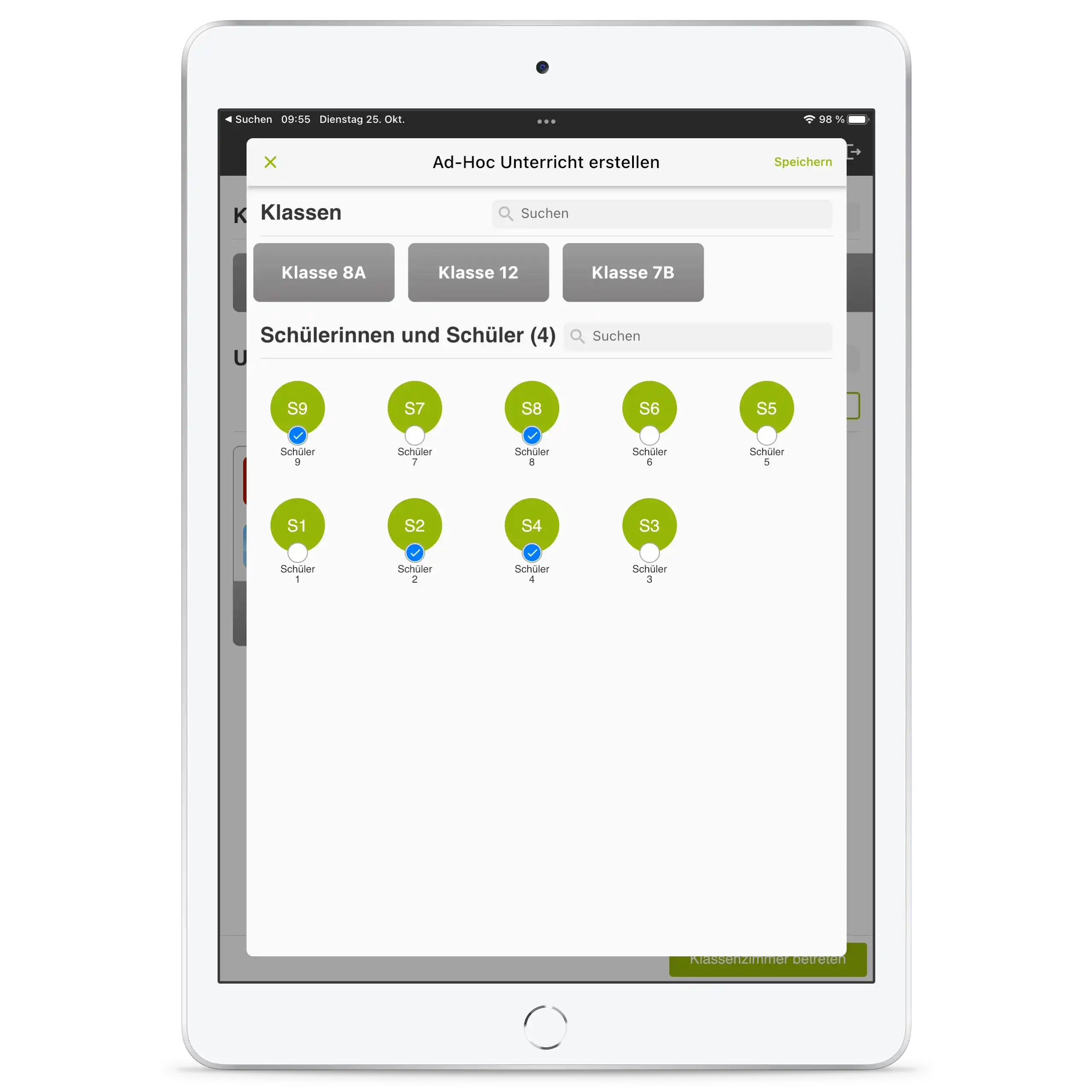 Option „Ad-Hoc Unterricht“ in der Relution Teacher App zur spontanen Erstellung temporärer Klassen und Auswahl von Schülern