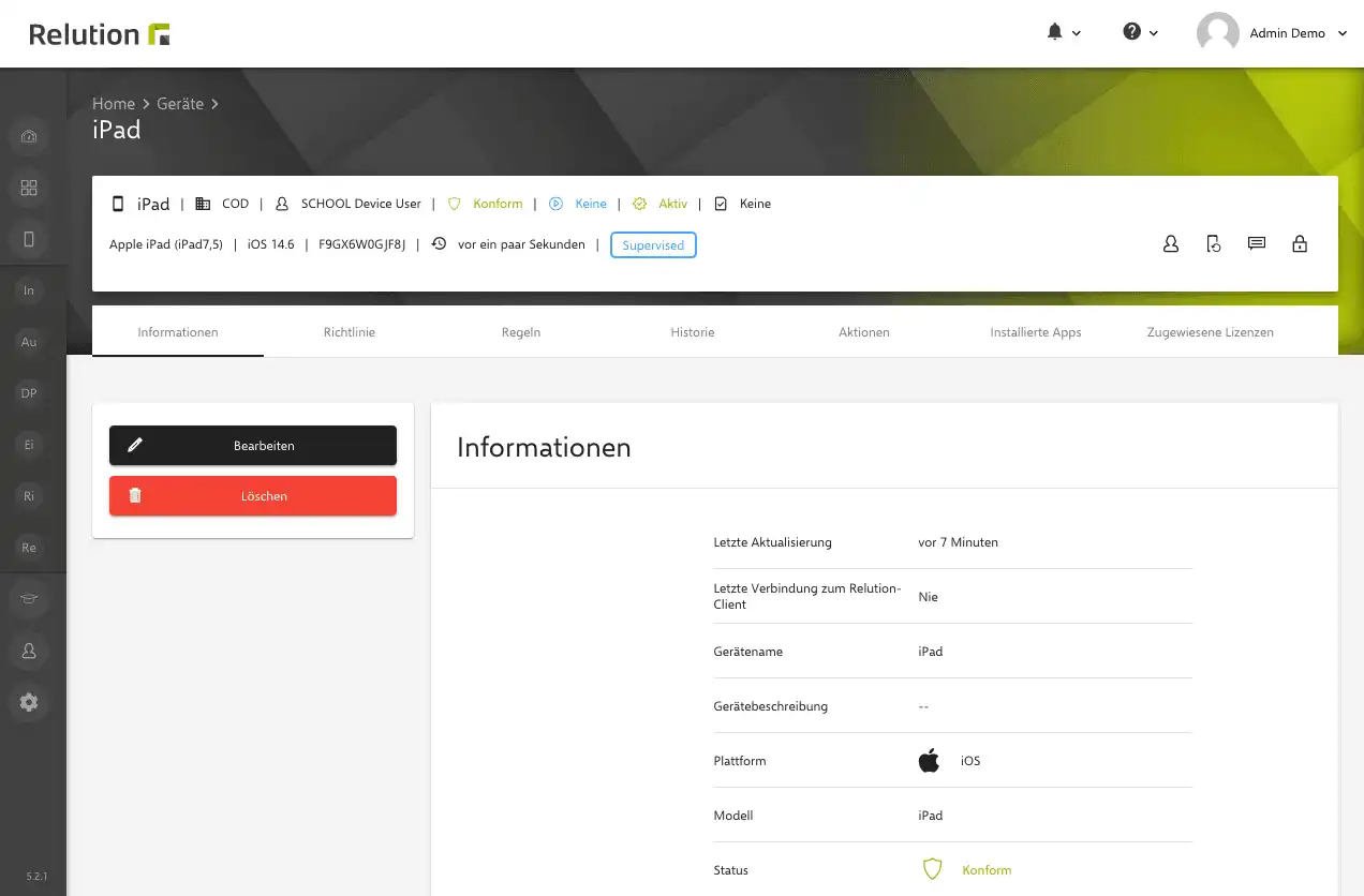 Info Box in Relution mit übersichtlicher Darstellung der wichtigsten Geräteinformationen und Schnellzugriff auf Aktionen wie Benutzer ändern, Gerätedetails aktualisieren oder Nachricht senden