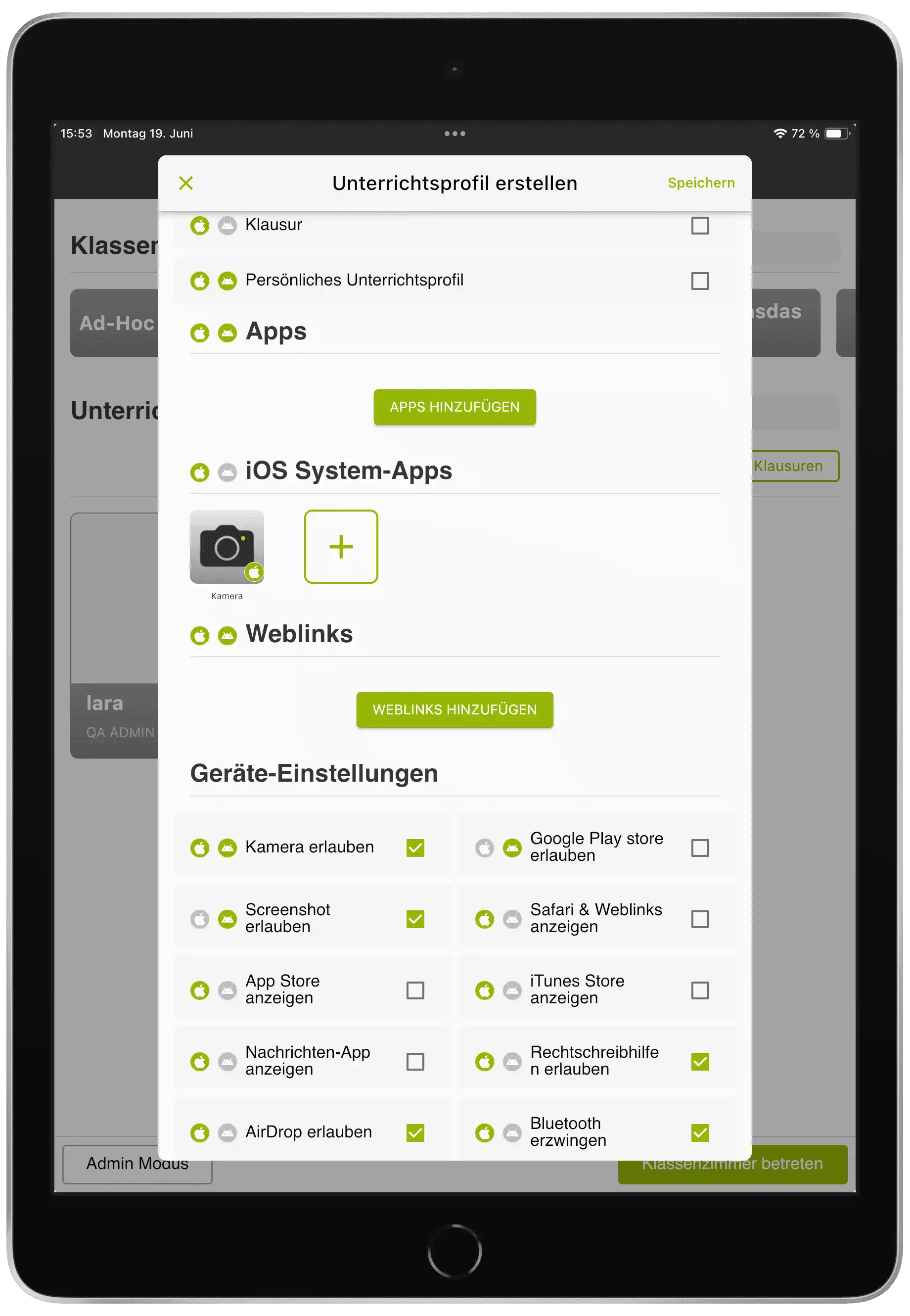 Option zur Bluetooth-Aktivierung in der Relution Teacher App, definierbar in einem Unterprofil