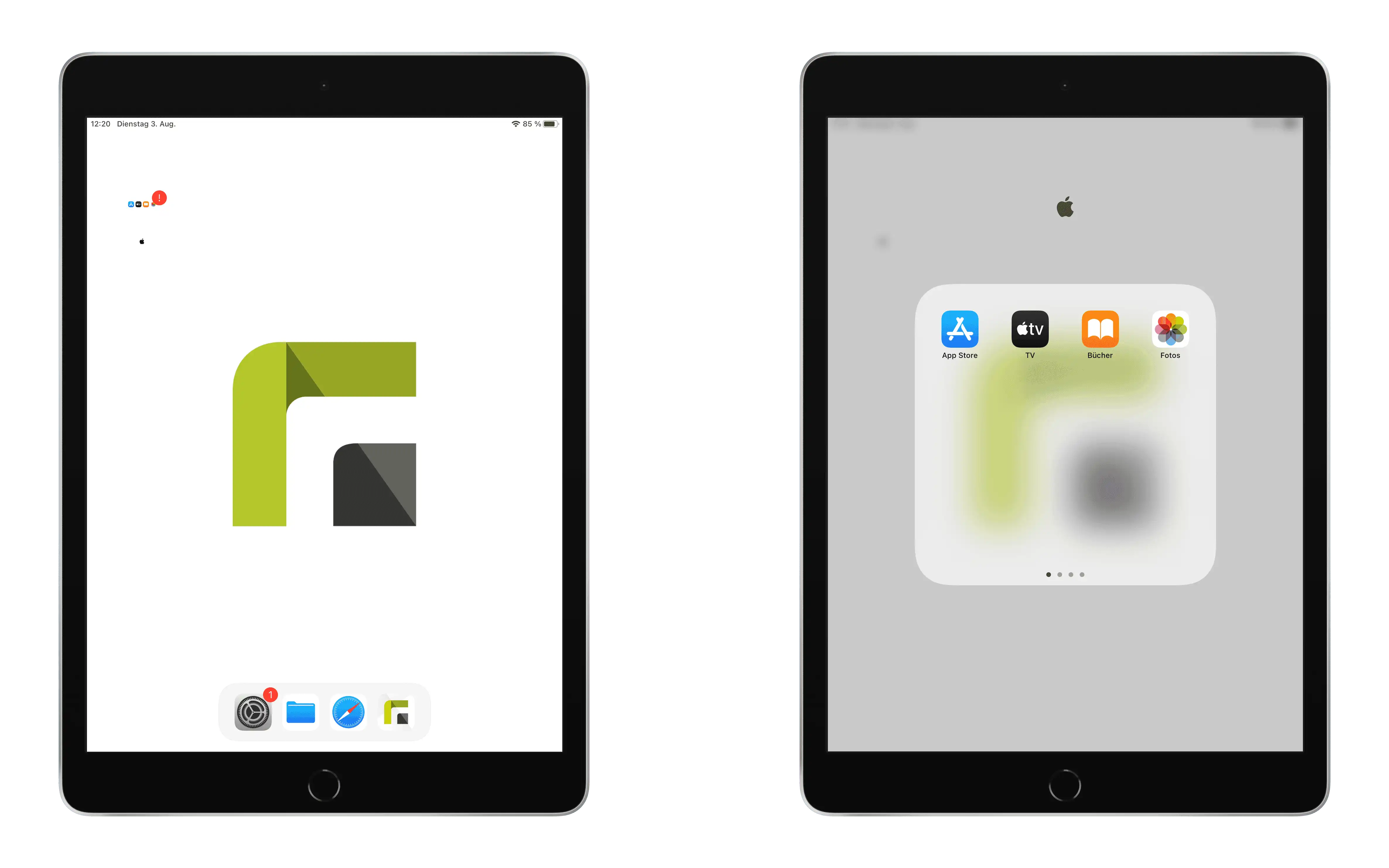 Ordnerstruktur auf einem iOS-Gerät mit Zusammenfassung aller System-Apps von Apple in einem Apple-Ordner und themenbezogener Organisation anderer installierter Apps