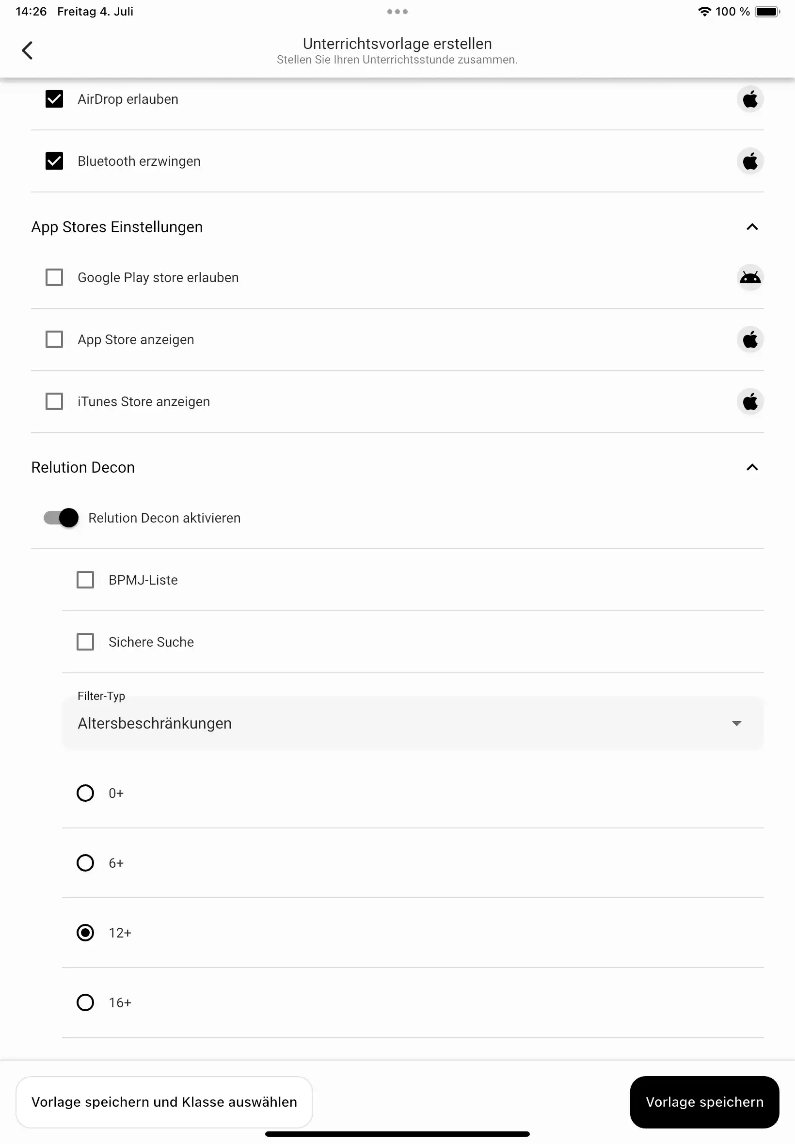 Screenshot der Relution Teacher App mit aktiver Decon-Konfiguration und Einstellungen für BPjM-Filter, Safe Search sowie konfigurierbare Filtertypen wie Kategorien und Altersstufenregelungen