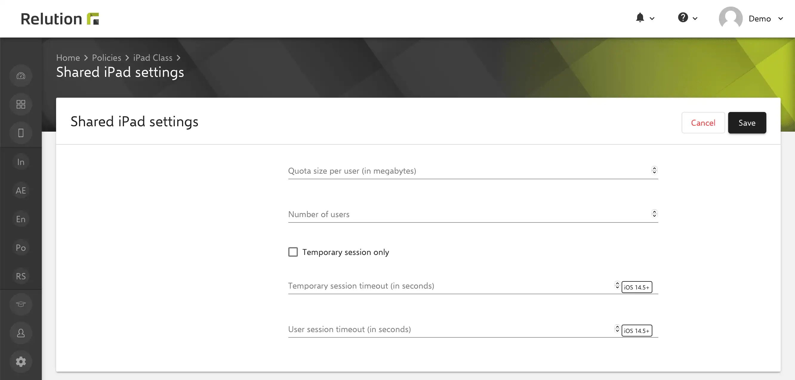 Vista di configurazione "Impostazioni iPad condiviso" in Relution per la pre-configurazione dei dispositivi DEP nella modalità iPad condiviso di Apple