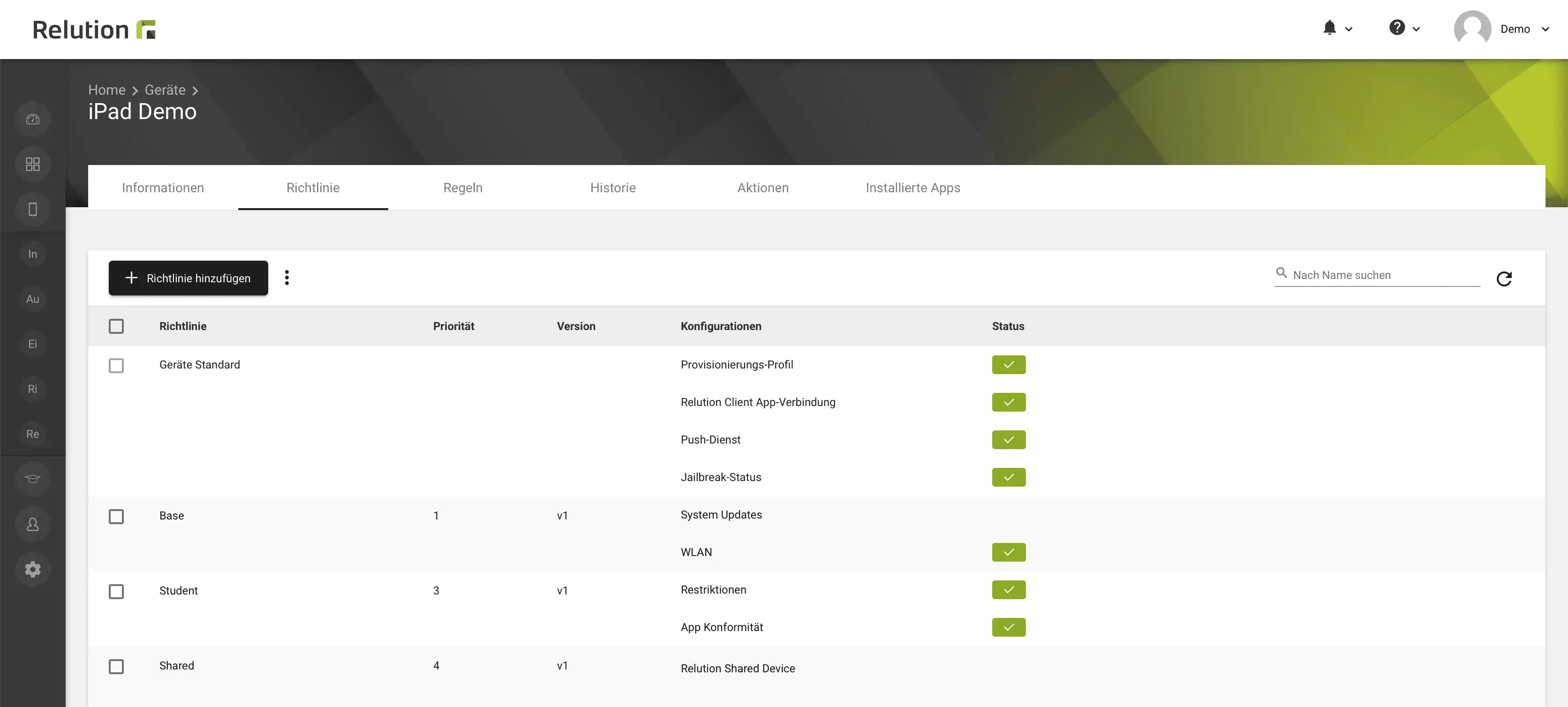Überarbeitete Compliance-Ansicht in den Gerätedetails von Relution zur Anzeige aller aktuellen Konfigurationen je angewendeter Richtlinie