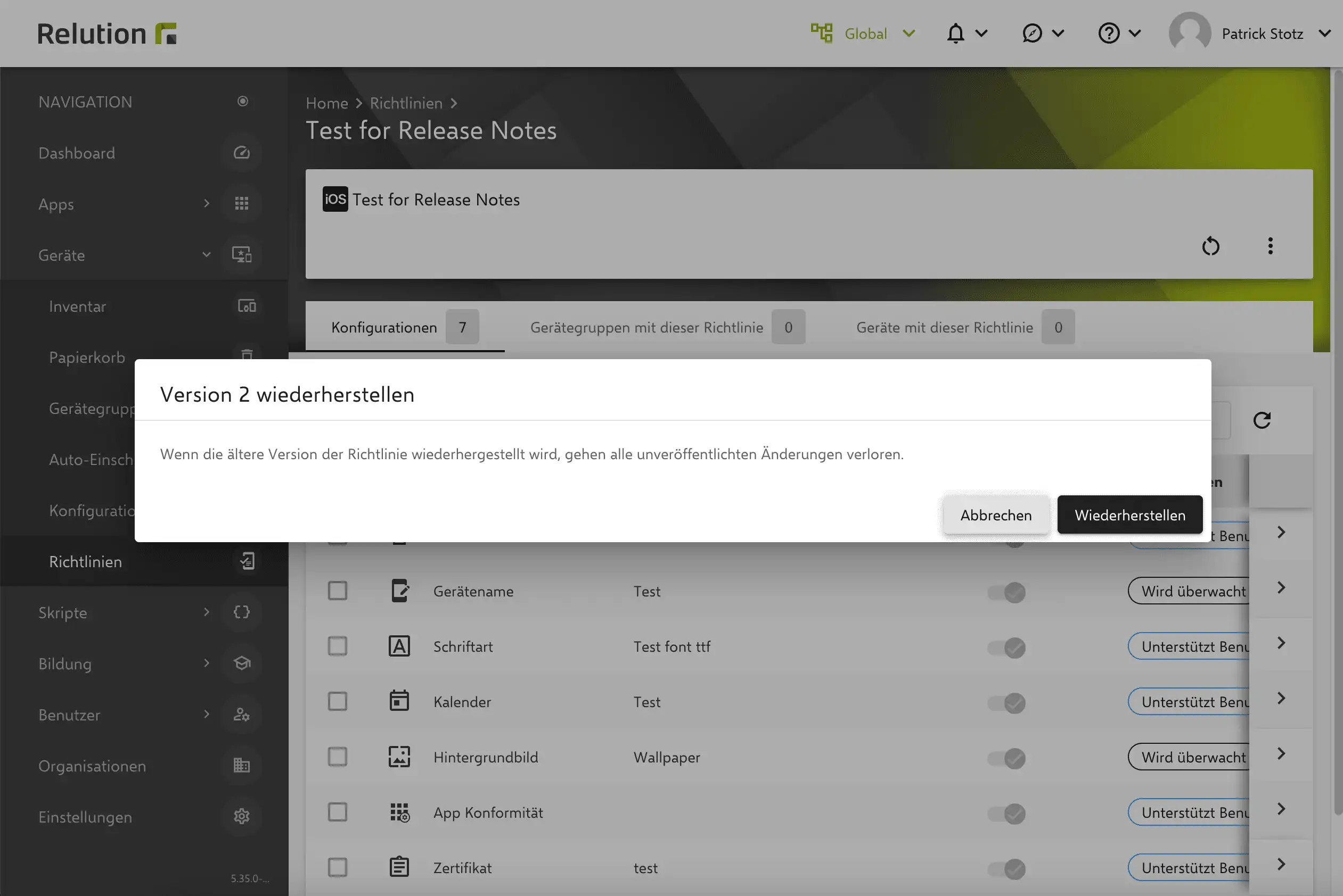 Screenshot welcher eine Bestätigung zur Versionswiederherstellung im Bereich der Richtlinien in der Relution App zeigt