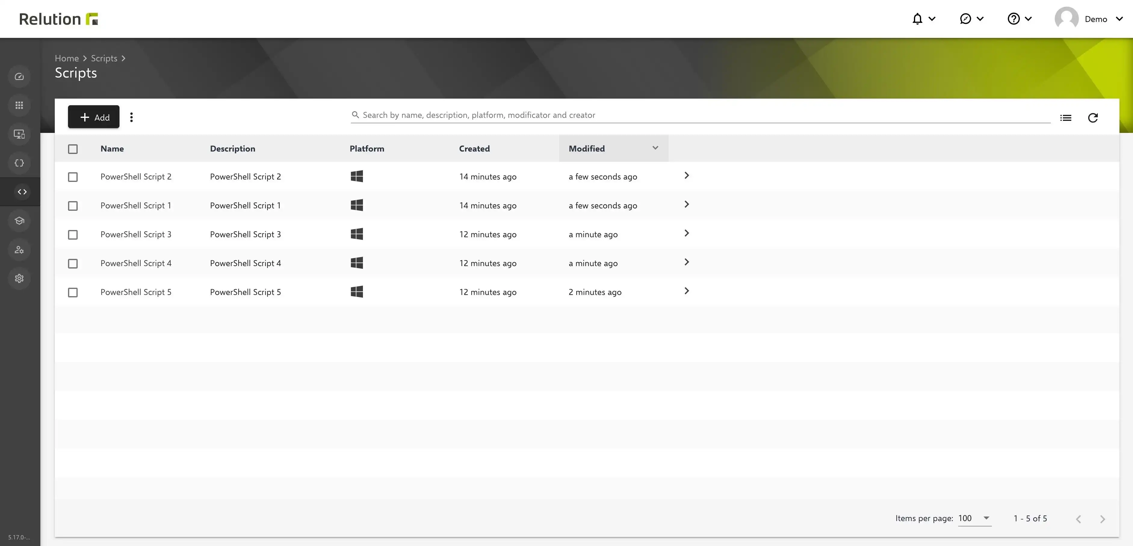 Después de guardar, todos los scripts de PowerShell disponibles en Relution se muestran en un formato de lista clara