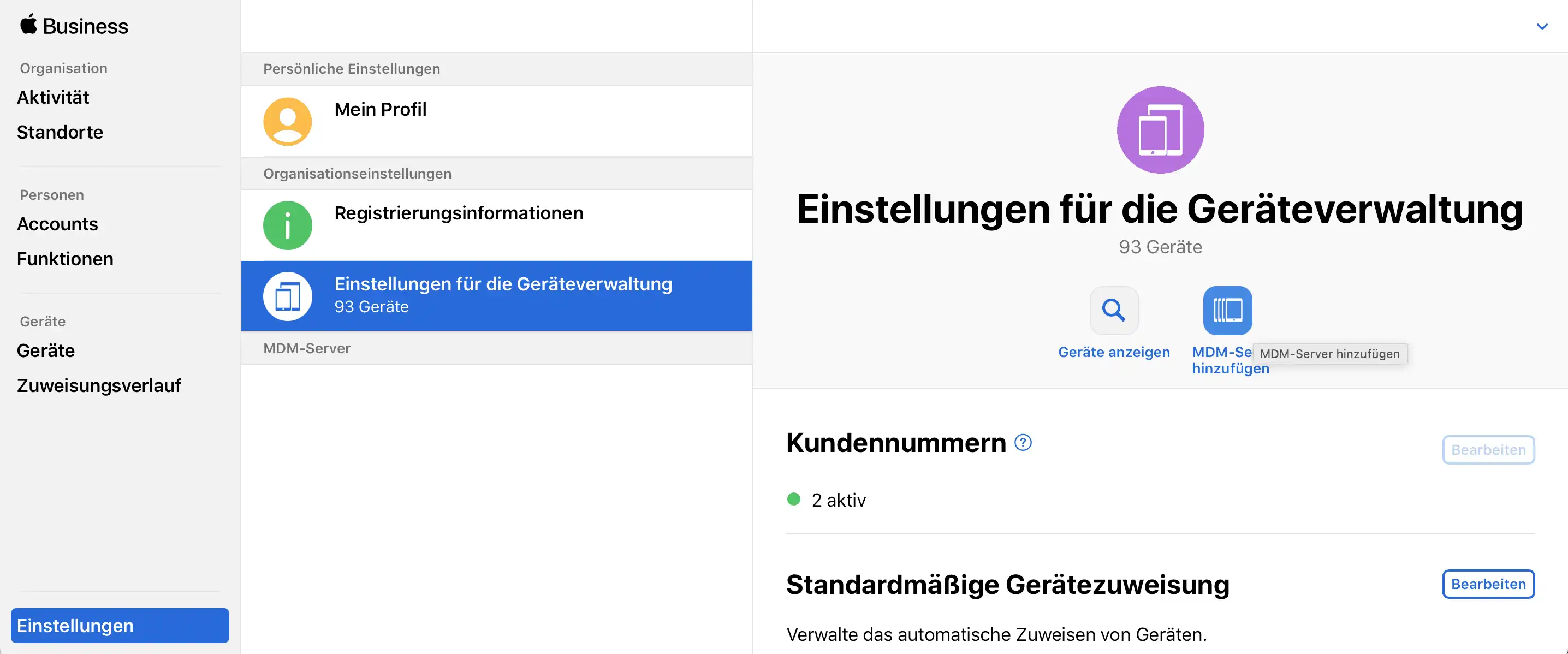 Ansicht im Apple School Manager mit den Einstellungen zur Geräteverwaltung und der Option, einen neuen MDM-Server anzulegen