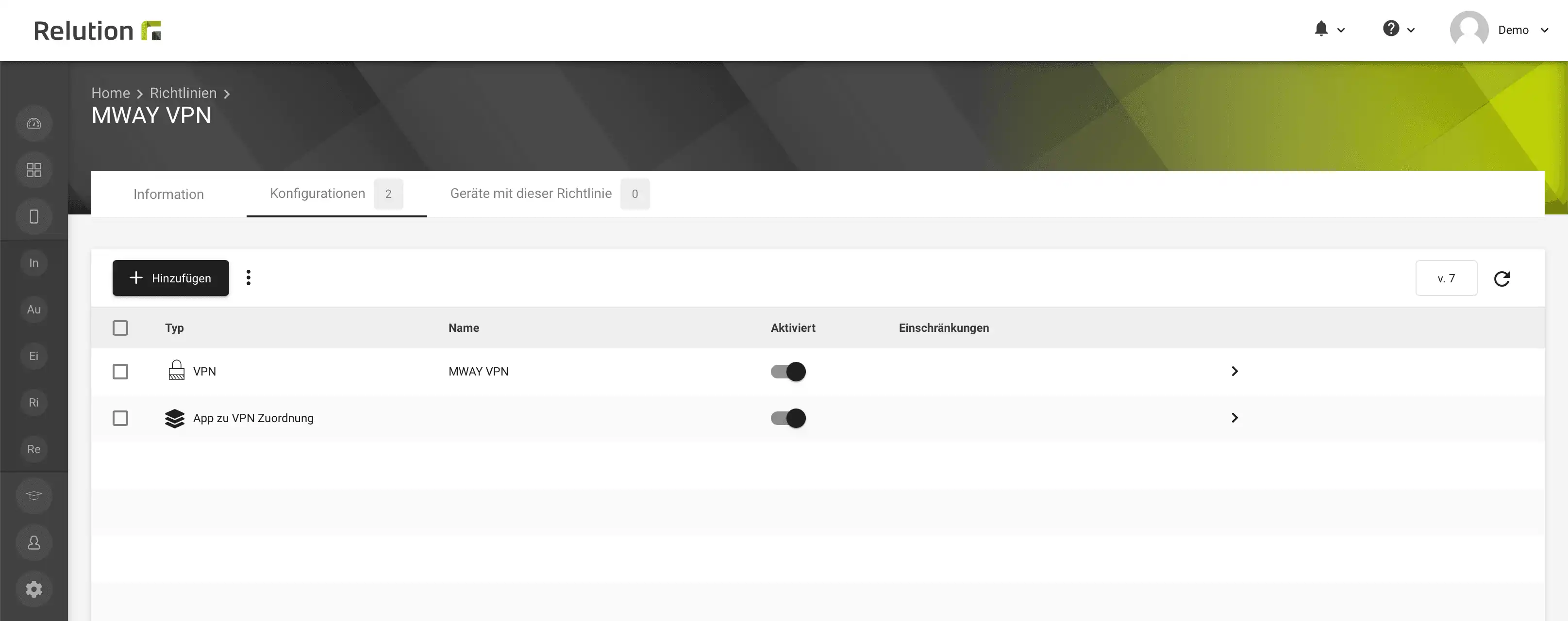 Ansicht einer Richtlinie in Relution mit „App zu VPN Zuordnung“-Konfiguration für die automatische Verbindung ausgewählter Apps mit einem VPN