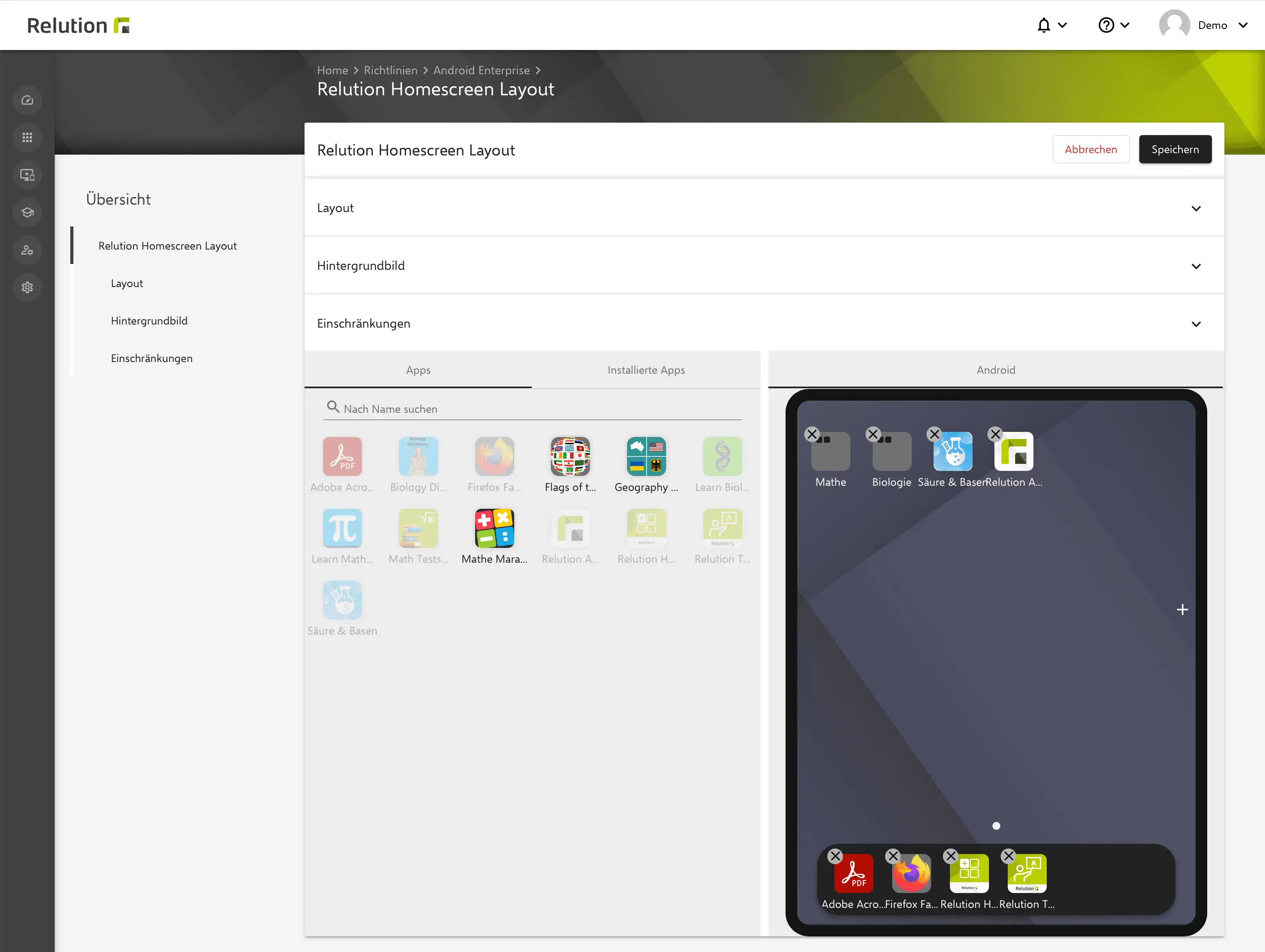 Simulator zur Konfiguration des Homescreens für Android-Geräte in Relution, mit Drag-and-Drop-Funktion zur Auswahl und Anordnung von Apps und Weblinks