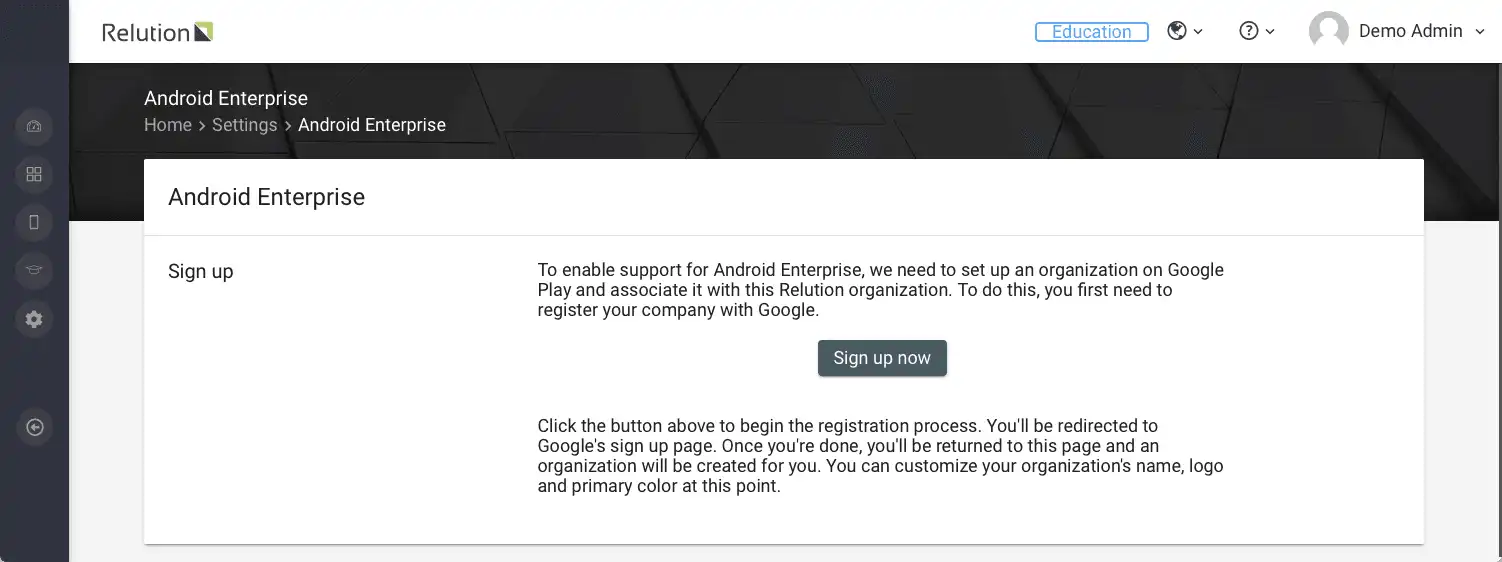 Android Enterprise bölümü, "Şimdi Kaydol" düğmesi ve kayıt süreciyle ilgili notlarla Relution ayar görünümü