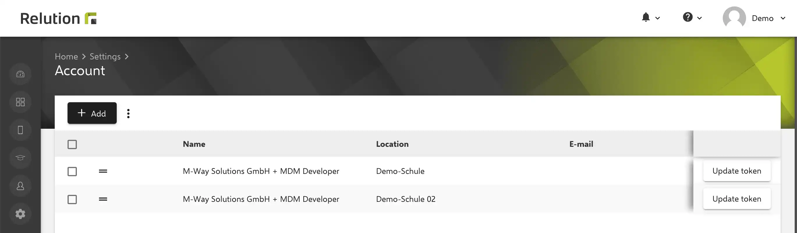 Vista de configuración en Relution con la opción de almacenar múltiples tokens VPP en « Programa de Compras por Volumen » para diferentes cuentas de Apple School Manager