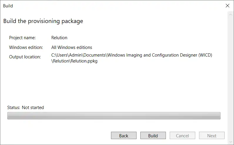 Screenshot che mostra « Crea il pacchetto di provisioning » con una barra di stato in basso che indica il progresso del processo di registrazione di massa di Windows