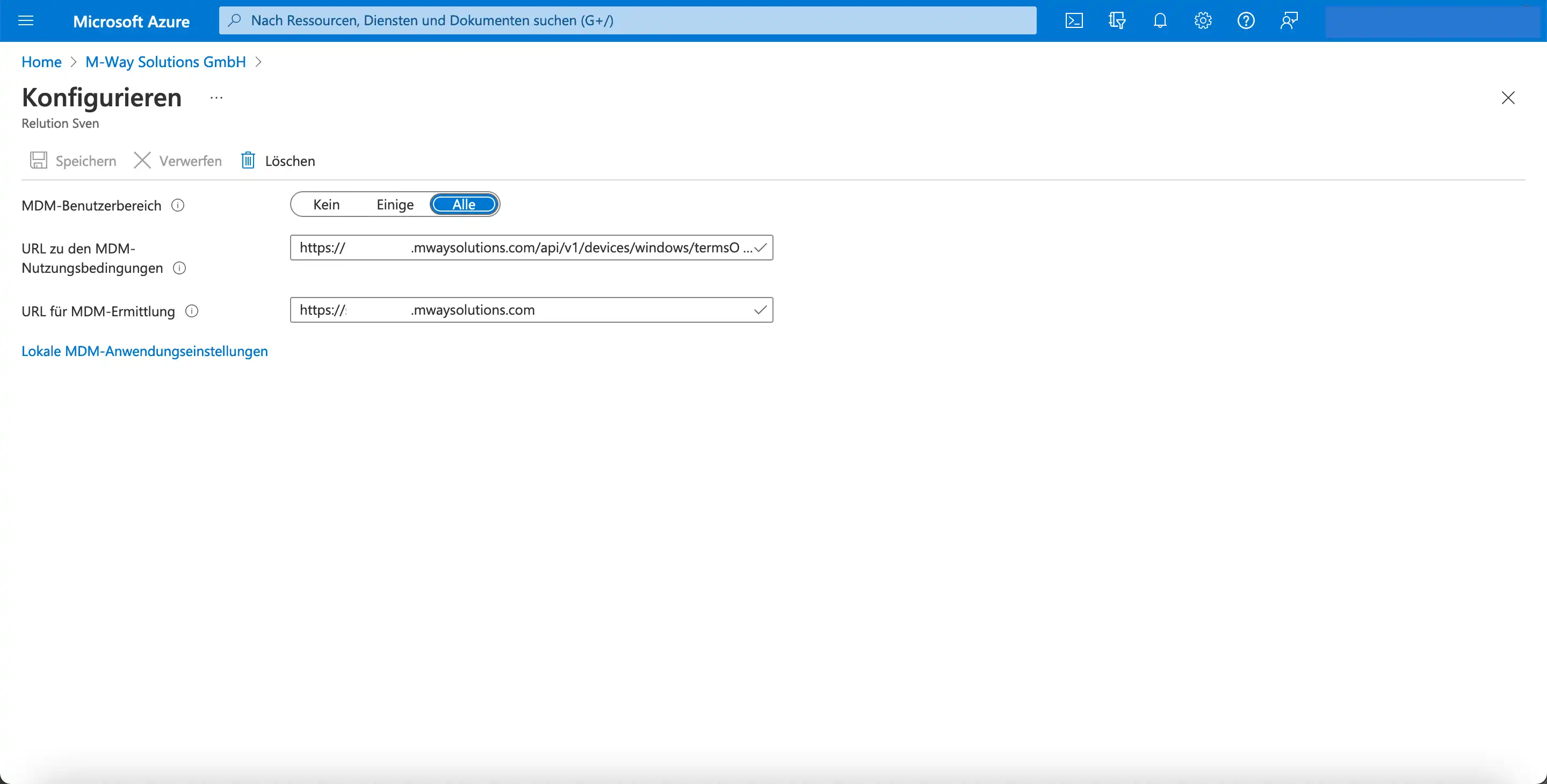 Ansicht in Microsoft Azure zur Konfiguration einer MDM-Anwendung mit Relution-URLs für MDM-Nutzungsbedingungen und MDM-Ermittlung sowie der Auswahl „Alle“ im MDM-Benutzerbereich