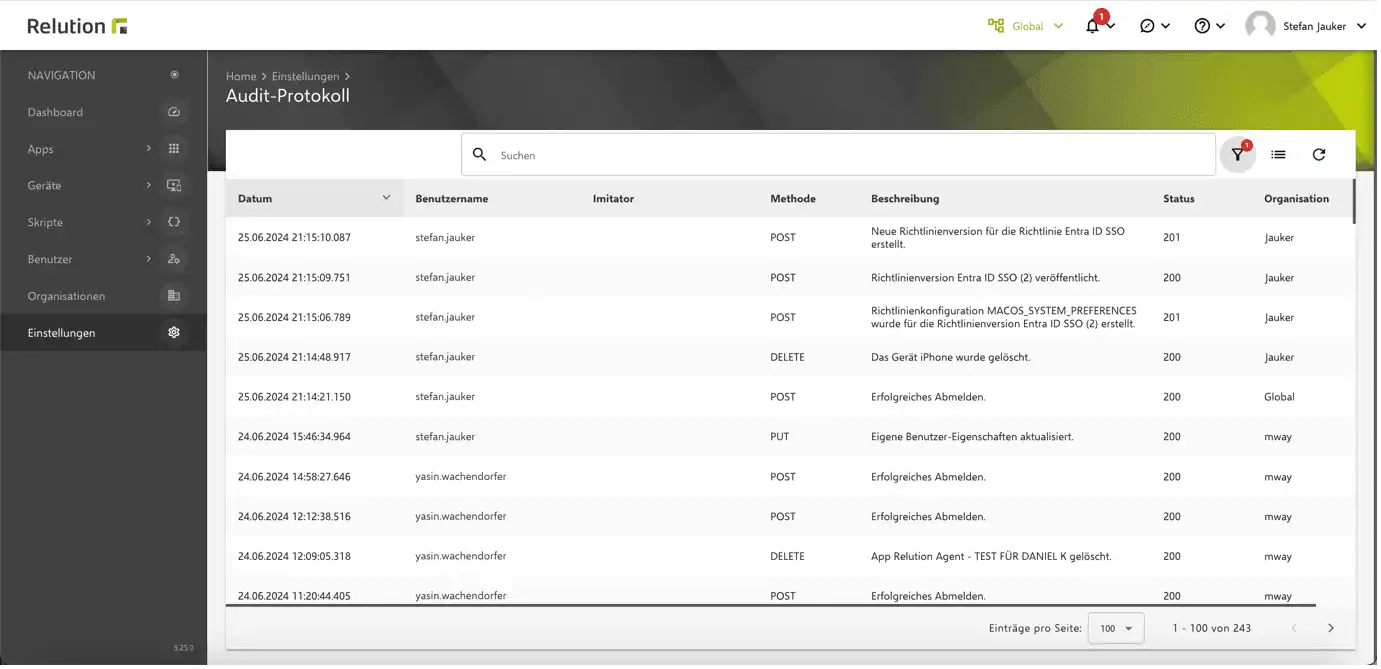 Vista del registro di controllo in Relution sotto « Impostazioni » con una registrazione cronologica delle attività come operazioni di scrittura e cancellazione