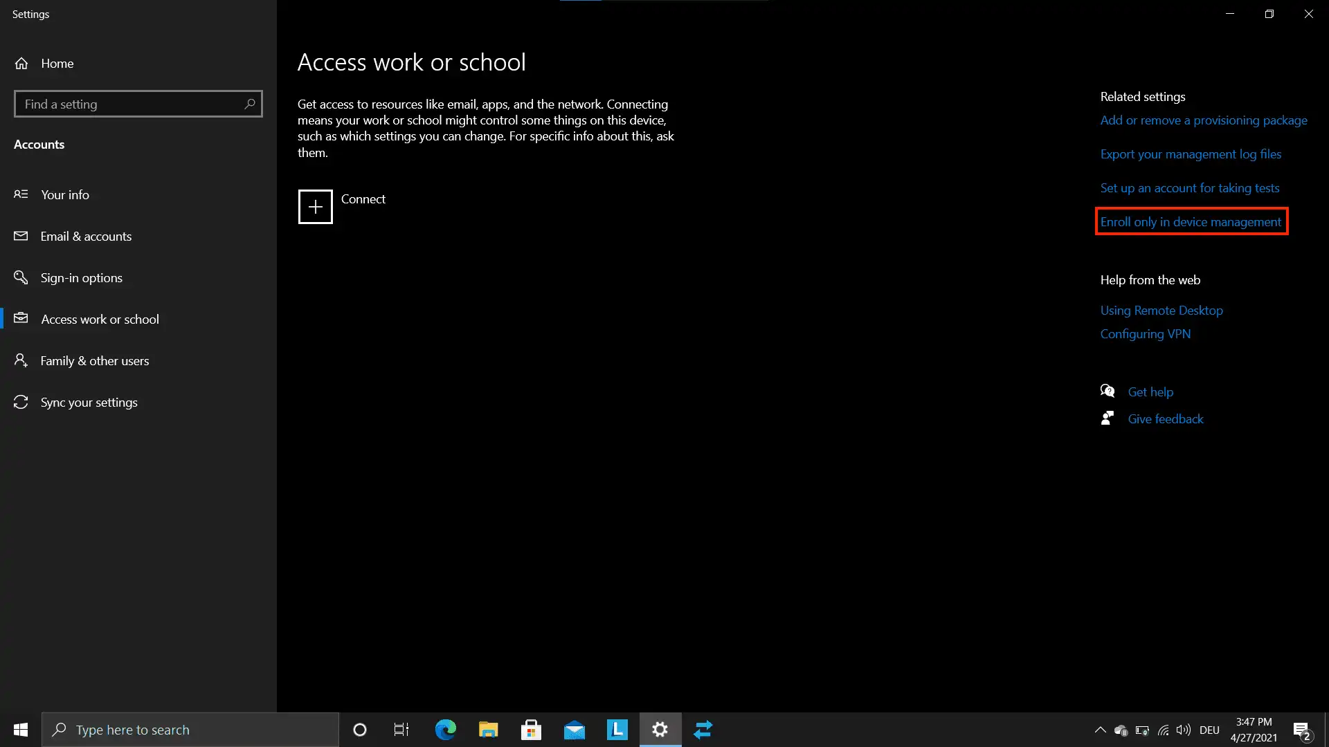 Windows 10/11 cihazının "İş veya okul hesabına eriş" bölümünde yalnızca "Cihaz yönetimine kaydol" seçeneğini seçerek yapılandırılması