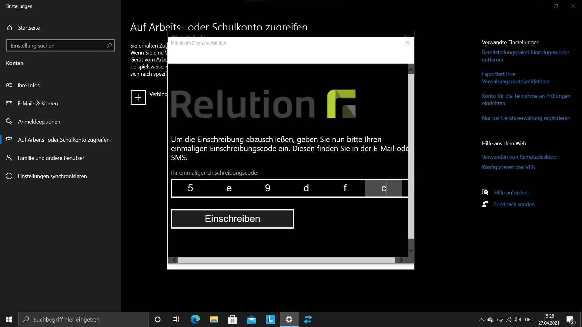 Abfrage des Einschreibecodes im Bereich „Auf Arbeits- oder Schulkonto zugreifen“ in den Windows-Einstellungen