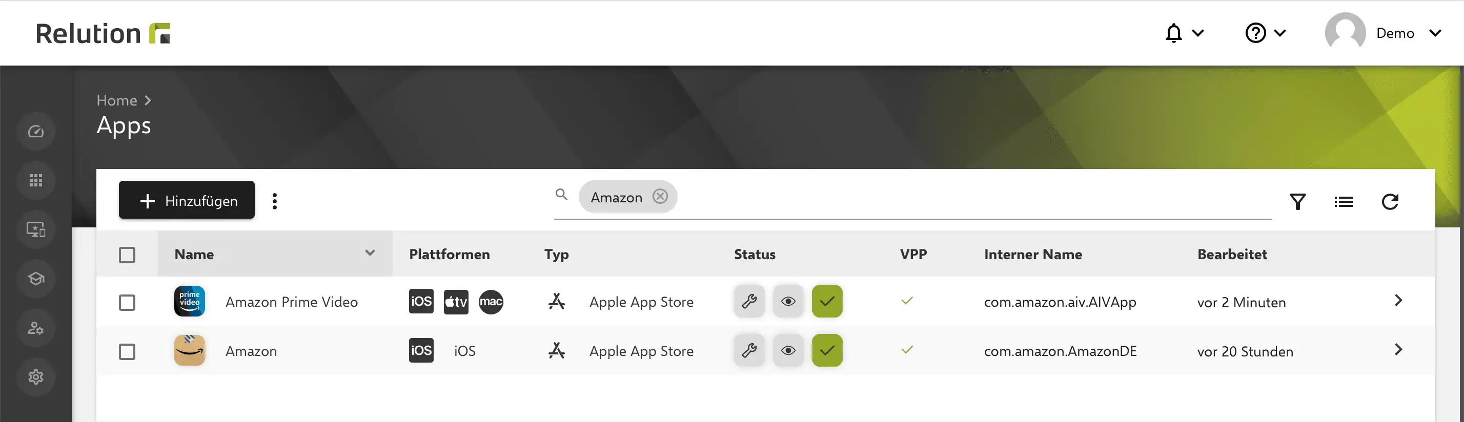 Darstellung von Multi-Plattform-Apps in der App-Inventarliste von Relution mit Icons für die jeweils unterstützten Apple-Plattformen