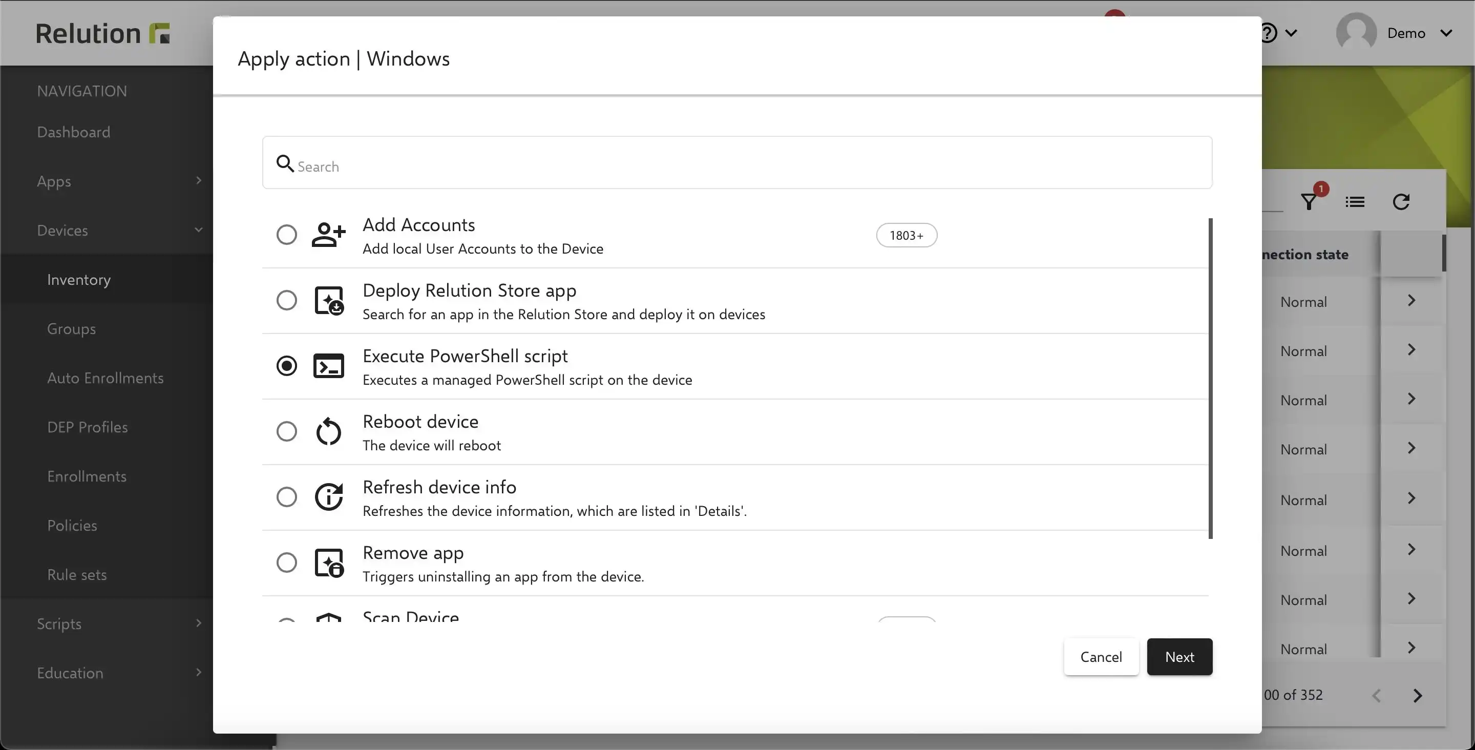 Ejecutar scripts PowerShell en Relution desde la pestaña « Acciones »