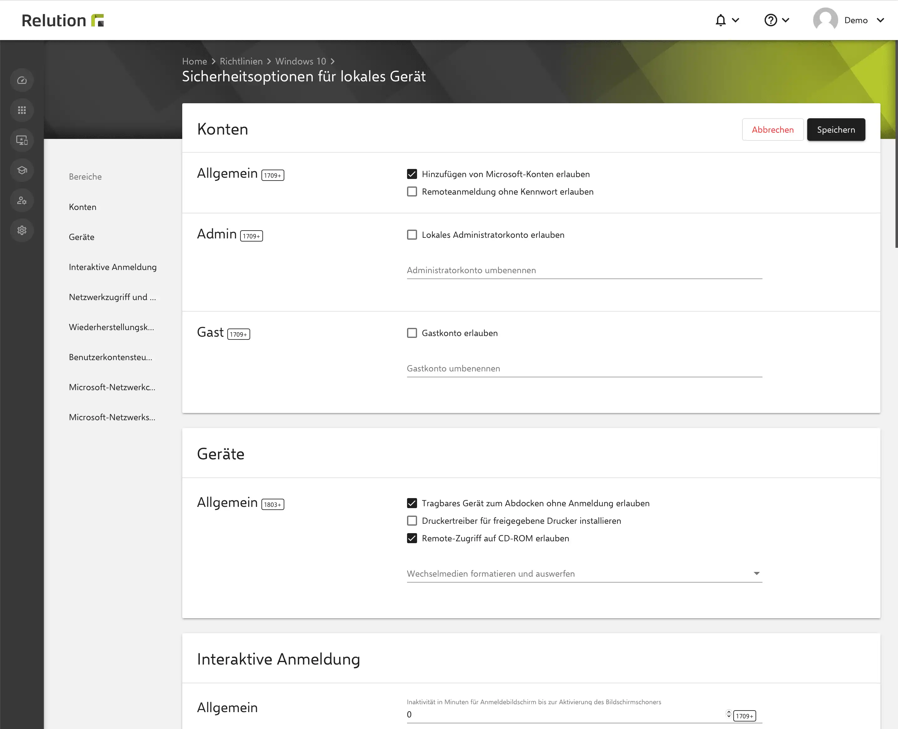 Konfiguration von lokalen Sicherheitsoptionen in Relution zur Festlegung von Restriktionen und Sicherheitsmaßnahmen für Windows-Geräte und lokale Zugriffe