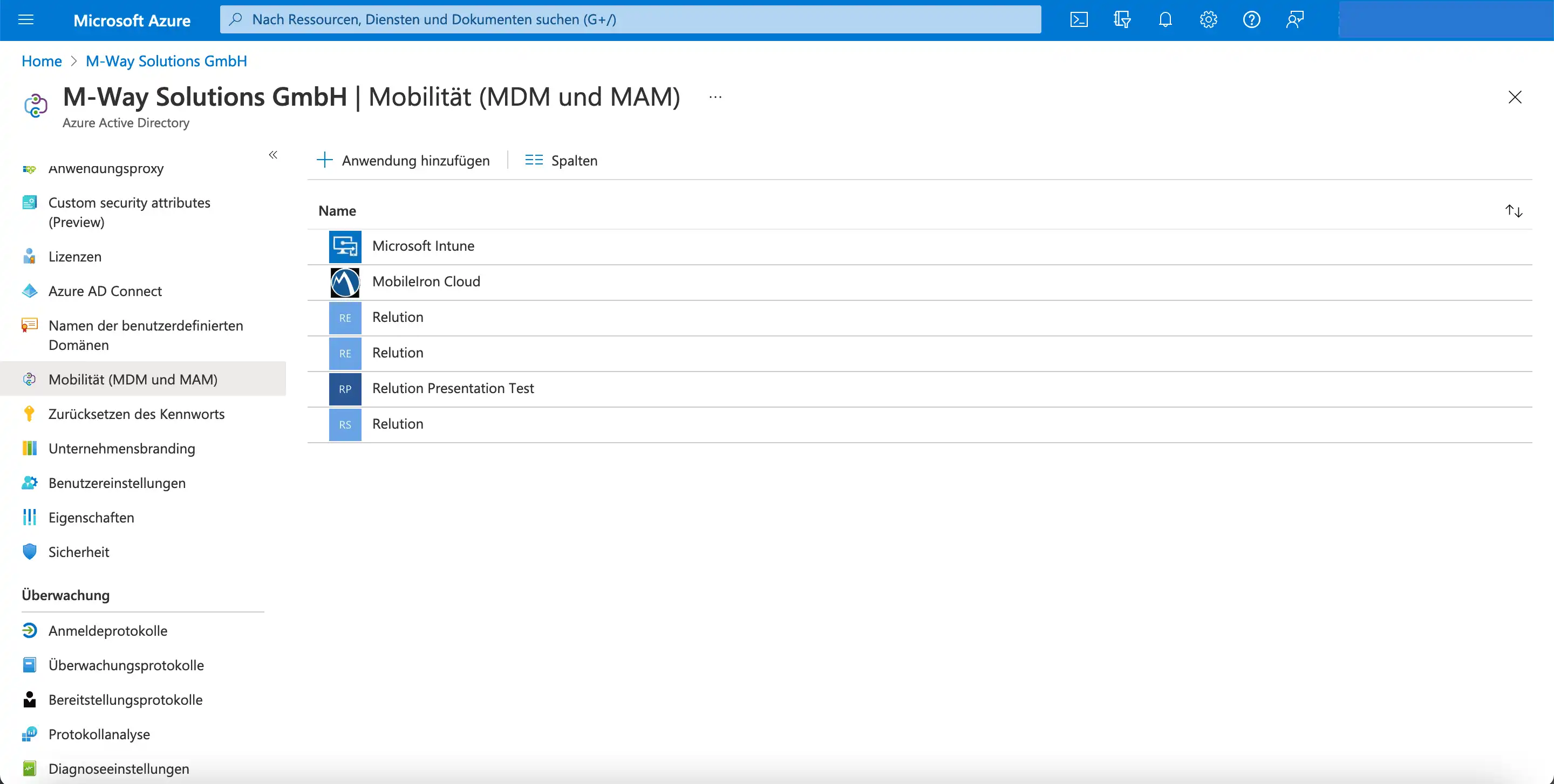 Bereich „Mobilität (MDM und MAM)“ in Azure mit der Option, eine MDM-Anwendung hinzuzufügen und zu aktivieren