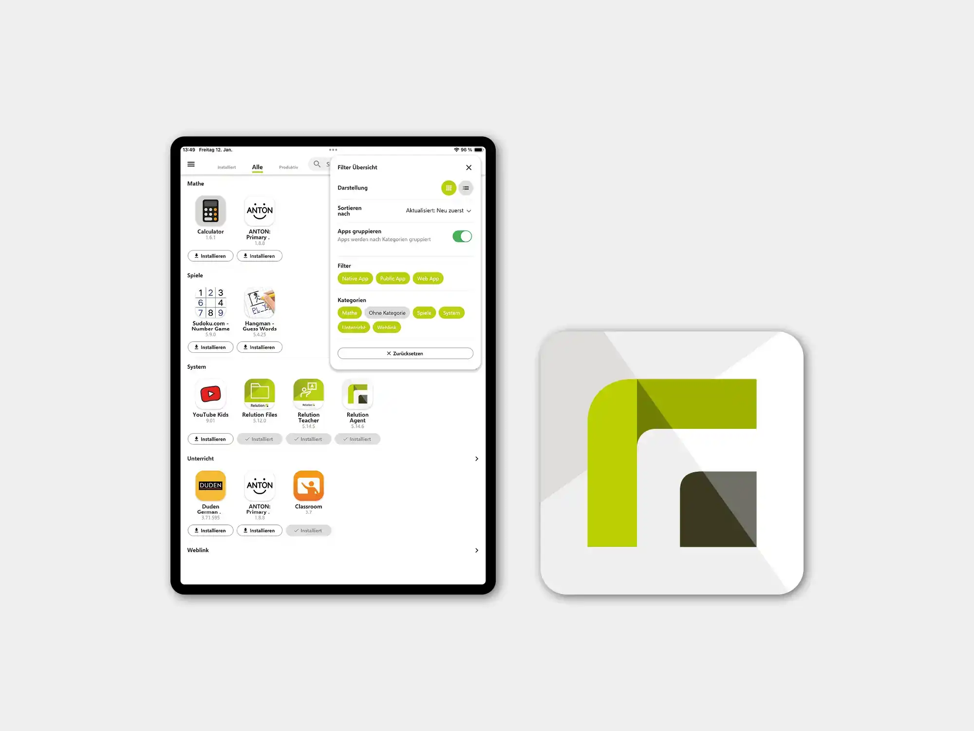 Auf einem iPad wird eine Auswahl von verschiedenen App-Icons angezeigt, daneben ist das Logo des Relution Agent angezeigt
