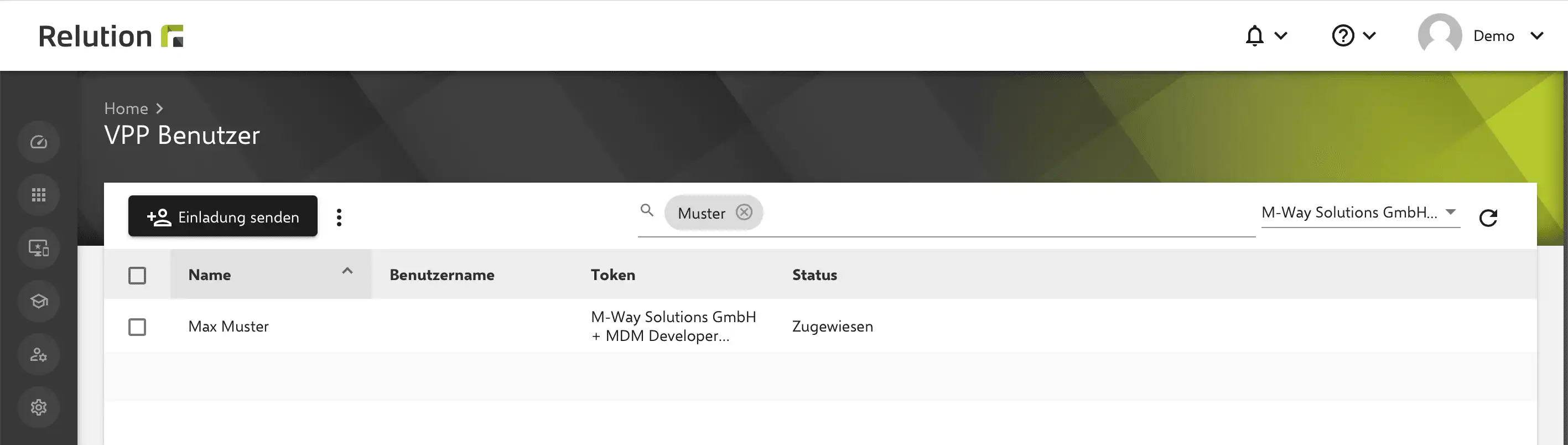 Übersicht des Bereichs „VPP-Benutzer“ in Relution mit Statusanzeige „Registriert“ für einen Beispielbenutzer