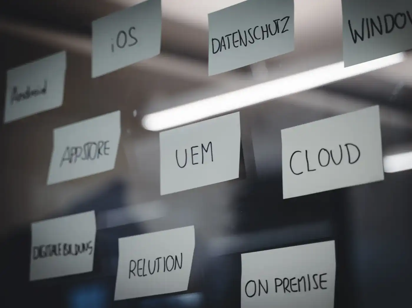 Bigliettini scritti a mano su una superficie di vetro con termini quali iOS, Android, protezione dei dati, UEM, cloud, Relution e on-premise