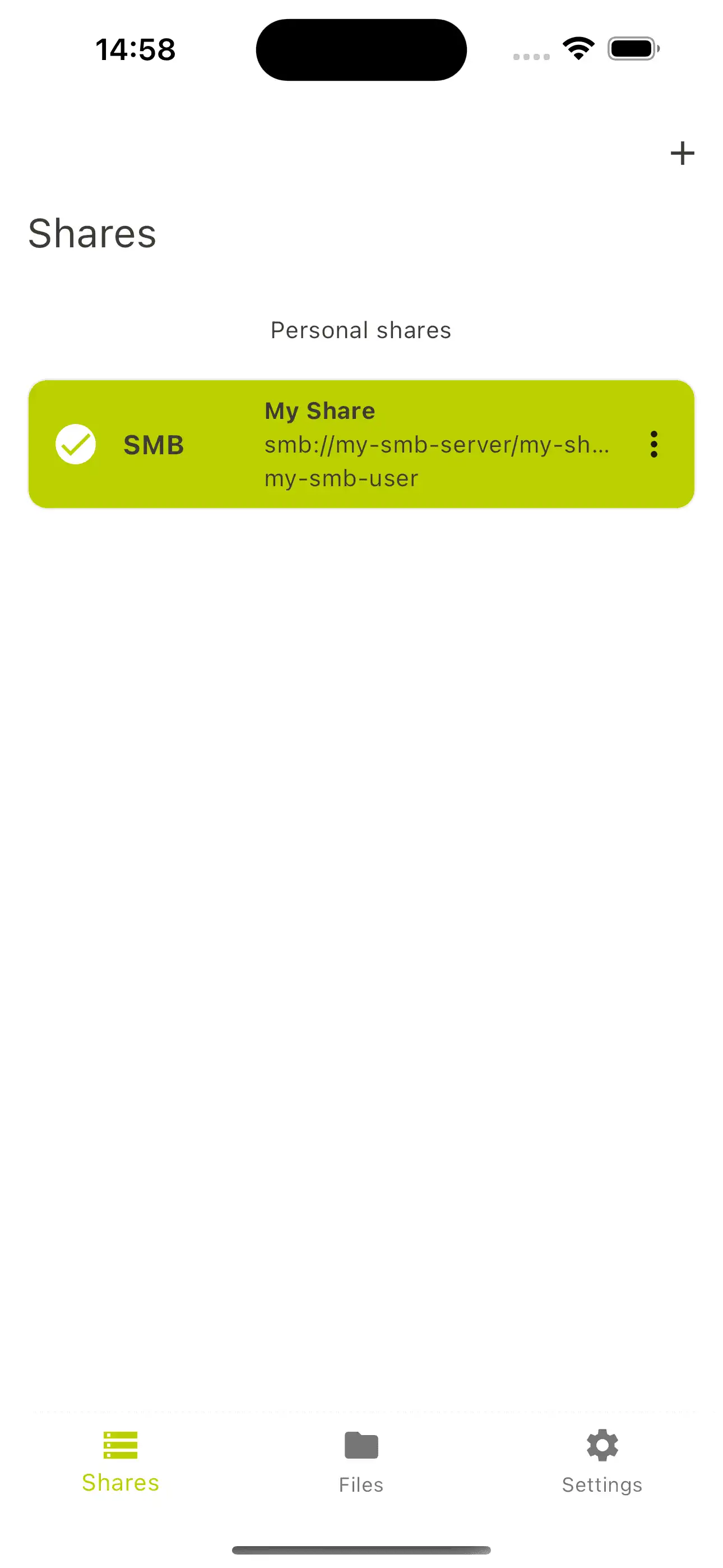Captura de pantalla de un smartphone en la vista de la aplicación «Shares», con un recurso compartido SMB llamado «My Share» y la barra de navegación inferior con las opciones «Shares», «Files» y «Settings»