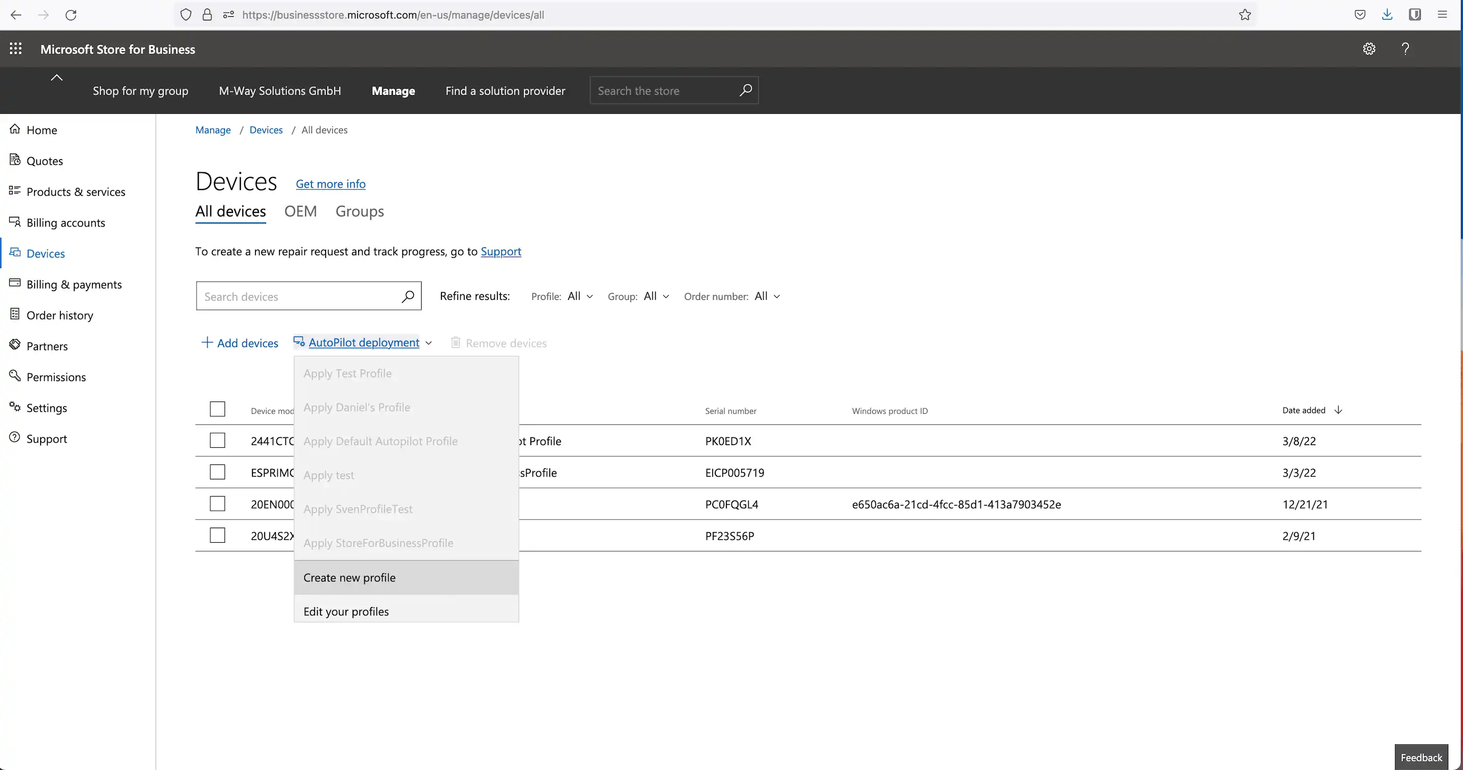 Creación de un nuevo perfil de implementación de Autopilot en el Microsoft Business Store en « Dispositivos » y « Implementación de Autopilot »