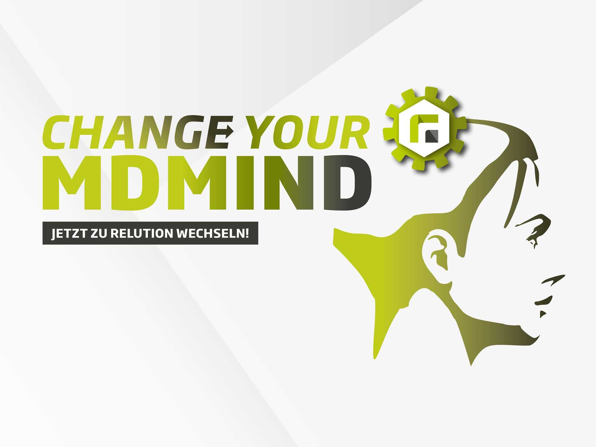 Eine Person wird in Relution-grüner Farbe dargestellt, das Relution Logo im Kopf, der Schriftzug "change your MDM" darüber